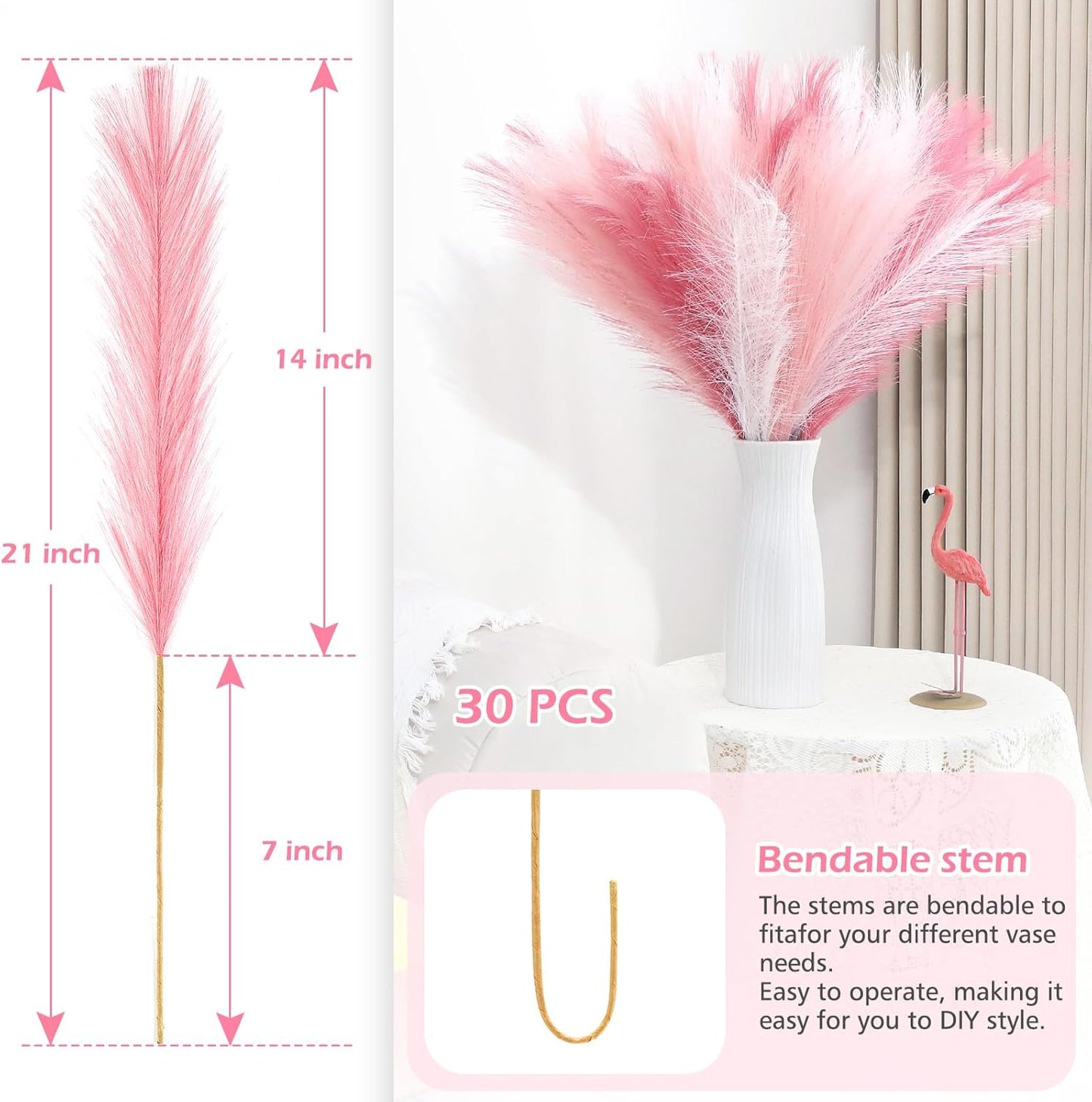 Pink Pampas Grass Decor 30 Pcs 21.7 Inch Faux Pampas Grass Bulk Artificial Dried Flowers Small Vase Filler Pompas Grass.