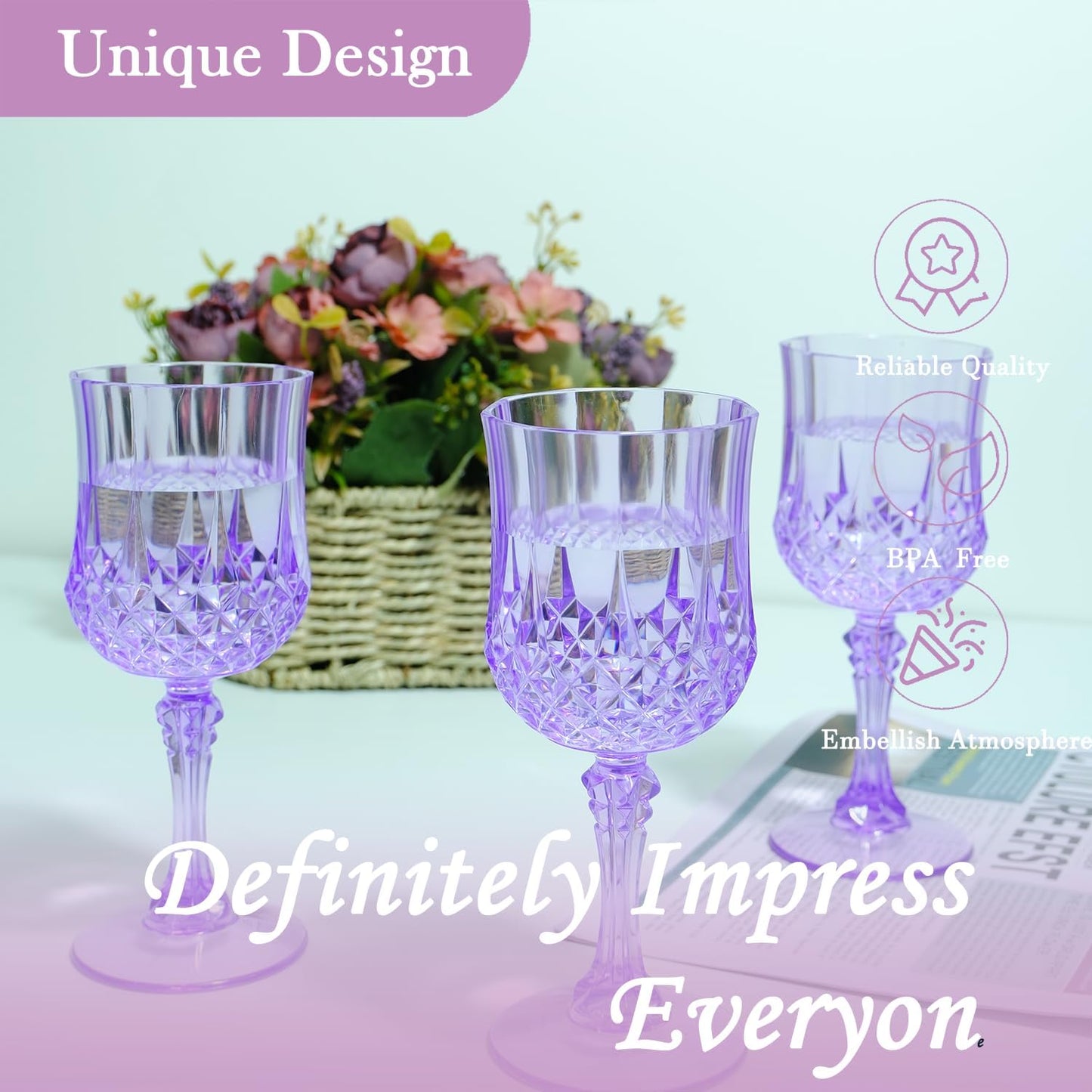Plastic Wine Glasses,Plastic Goblets Vintage Style Cordial Drinking Glasses for Wedding Reception, Grand Event Party Supplies (48, Purple)