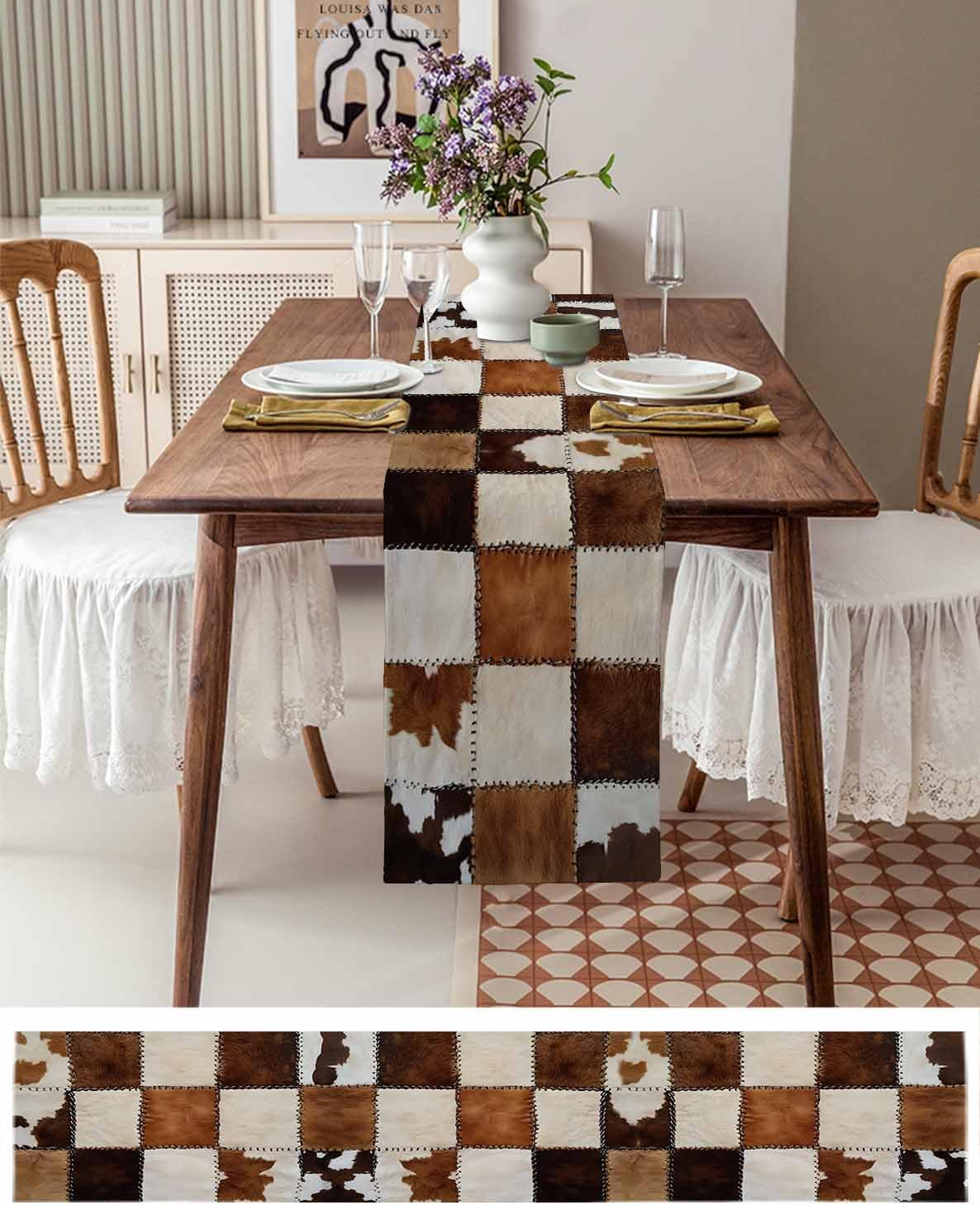 Abstract Cowhides Cotton Linen Table Runner for Dining Kitchen, Wedding Outdoor Party Tablerunners Decoration, Brown Beige Animal Fur Texture Dresser Scarf Coffee Tablecloth Runners 13x108 Inches