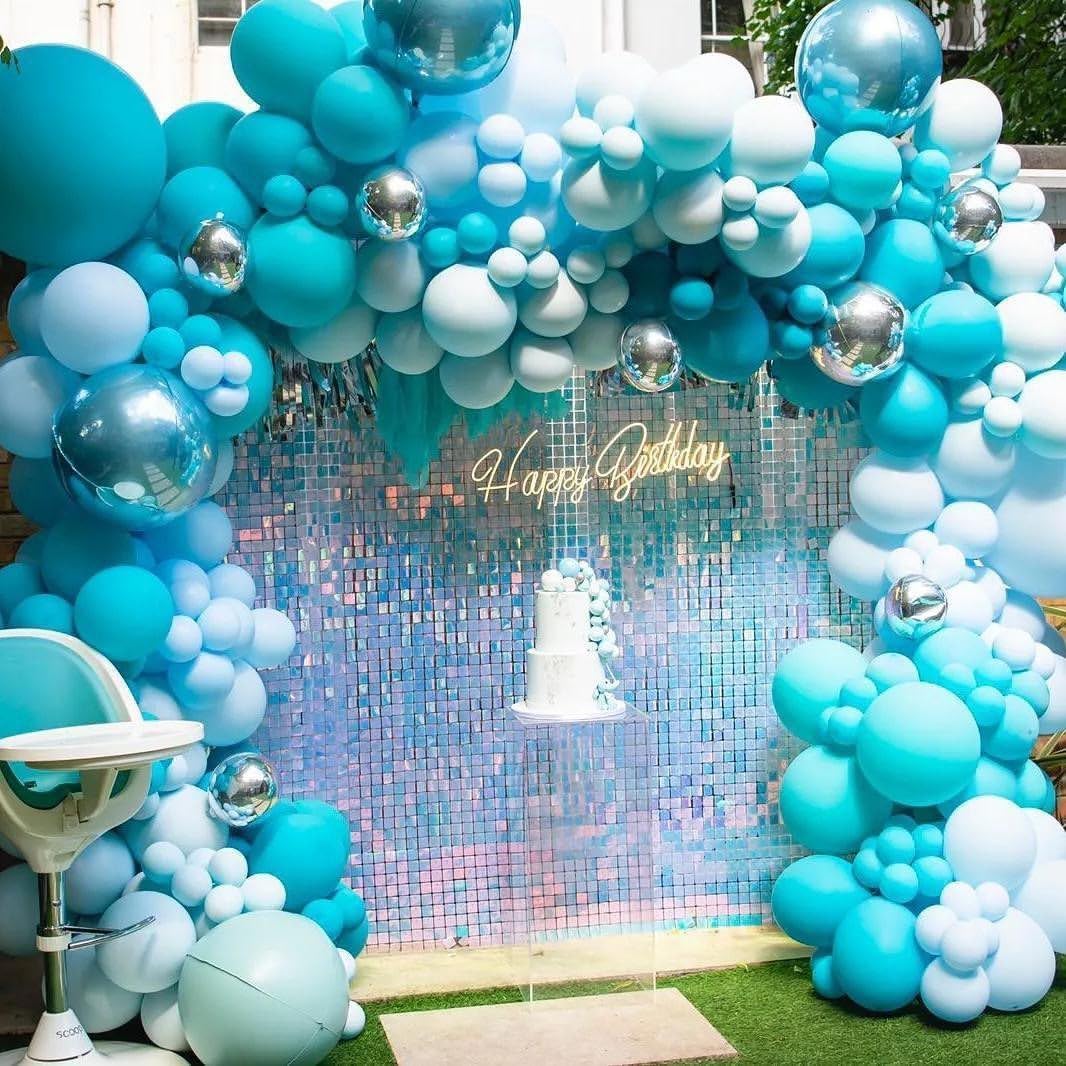 Qcity Rainbow Blue Shimmer Wall Backdrop 36PCS, Black Back Not See-Through Design, Square Sequin Glitter Backdrop Panel, Perfect for Outdoor Events, Birthdays, Wedding and Party Decoration