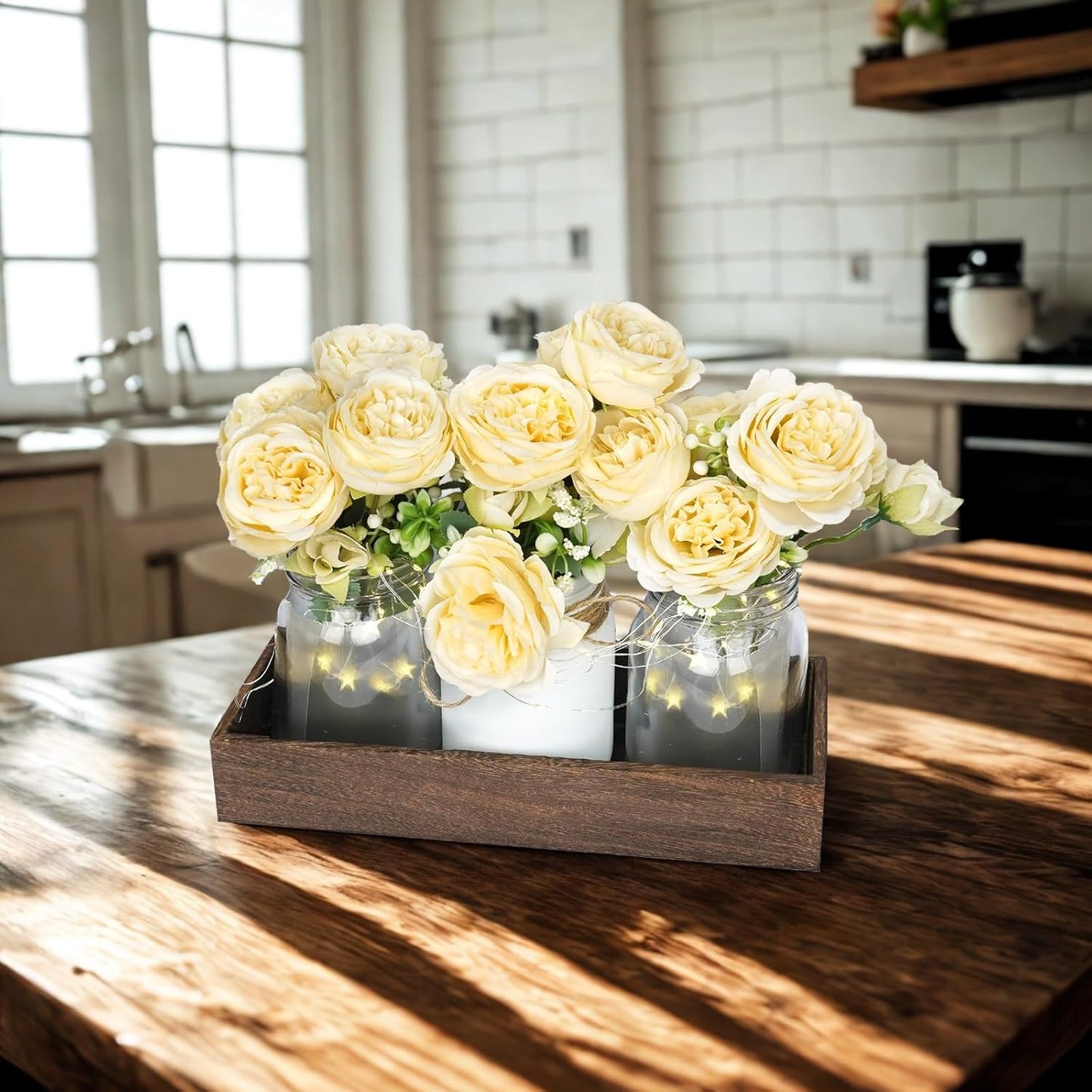 Champagne Floral Mason Jars for Centerpieces – Rustic Table Centerpiece Decorations with Lights & Tray – Wedding Centerpieces for Tables, Dining Room, Party or Reception Decor Kitchen Counter