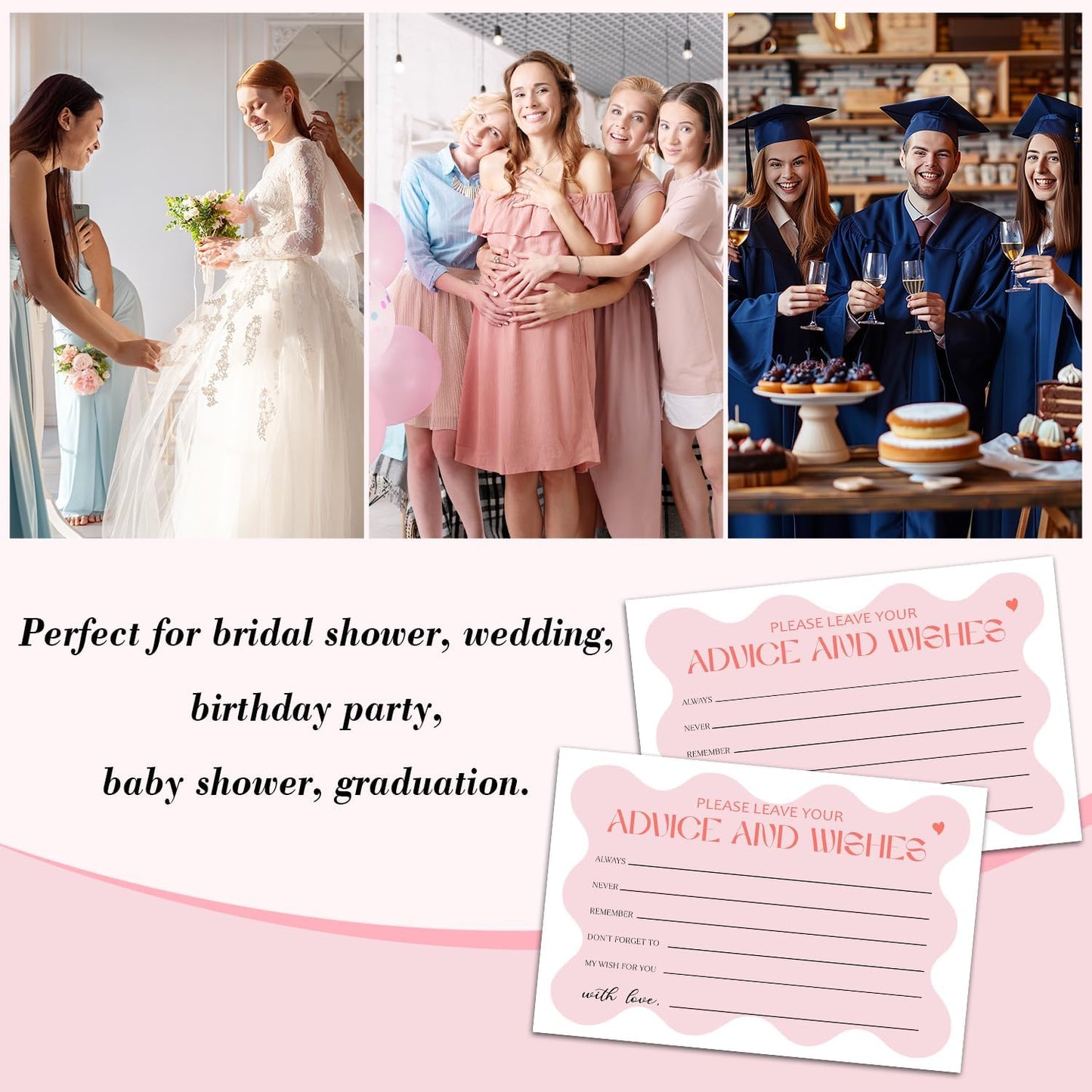 25 Advice and Wishes Cards, Pink Wavy Fill-In Advice Cards for Bridal Shower Wedding Birthday Party Baby Shower Graduation Party, Well Wishes Card for Mr & Mrs Adults, Party Supplies -01