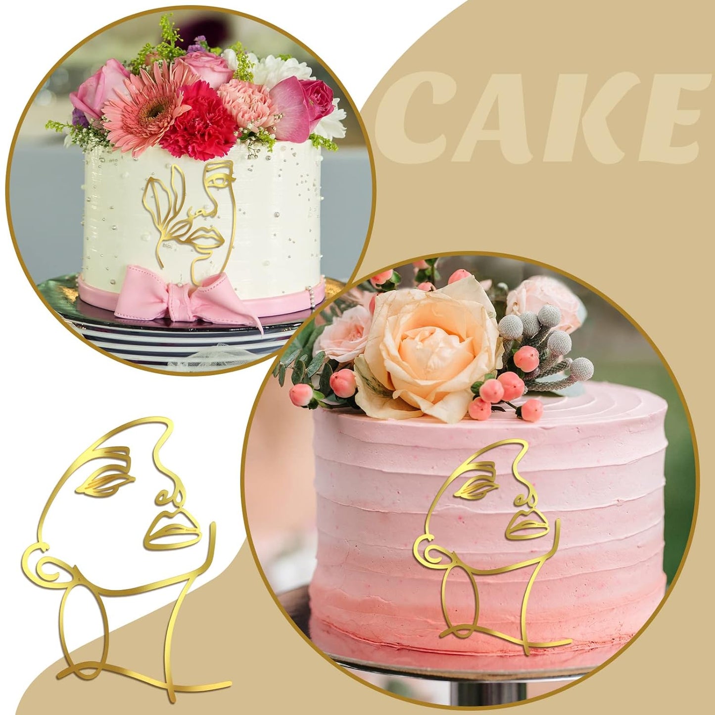 Kigley 22 Pcs Minimalist Art Lady Face Cake Topper Butterflies Cake Decoration Acrylic Wedding Birthday Boho Cake Toppers for Women Bridal Shower Party Supplies (Gold)