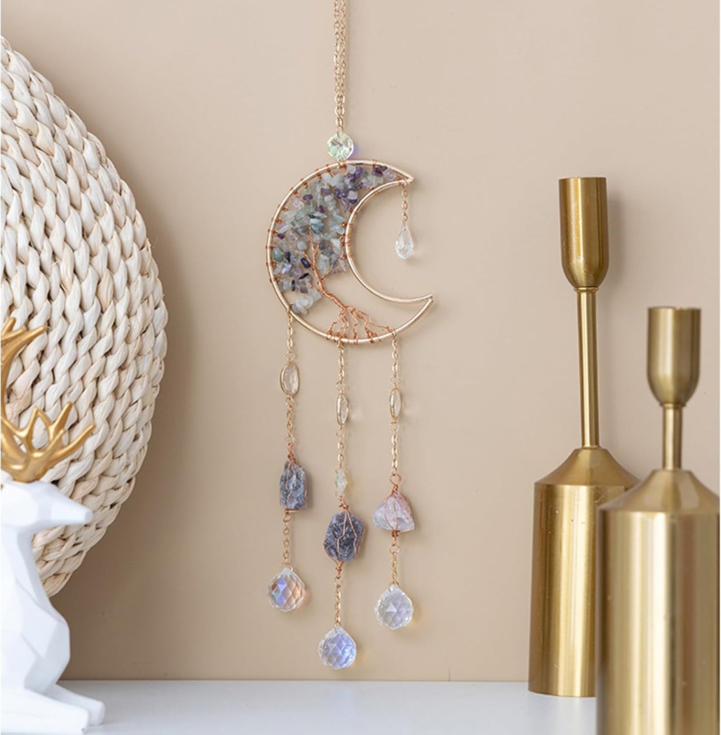 TUOKING Crystal Moon Suncatchers for Window Hanging Tree of Life Natural Healing Stones Wind Chimes Sun Catcher Rainbow Maker Good Luck Gifts Decor for Home Garden