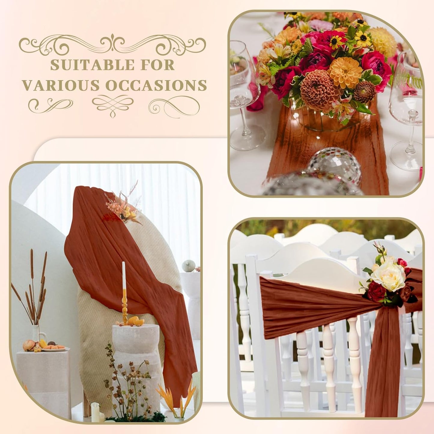 Le courant 12pcs 10Ft Cheesecloth Table Runner, Rustic Boho Gauze Cheese Cloth Runner Table Runner for Weddings Bridal Baby Shower Birthday Holiday Parties Home Decor, Terracotta