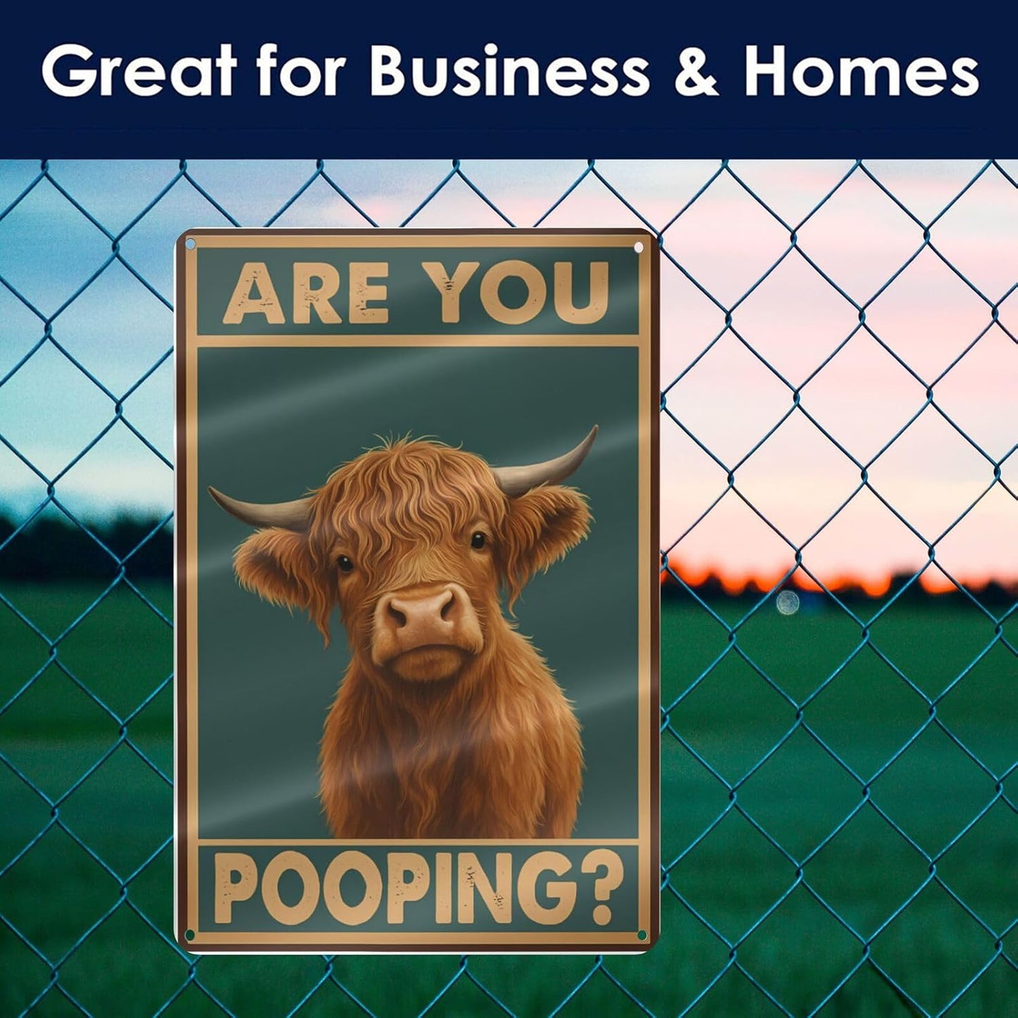 Funny Highland Cow Bathroom Sign - "Are You Pooping?" Vintage Western Tin Wall Decor for Restroom, Toilet or Farmhouse - 8" x 12" Metal Sign