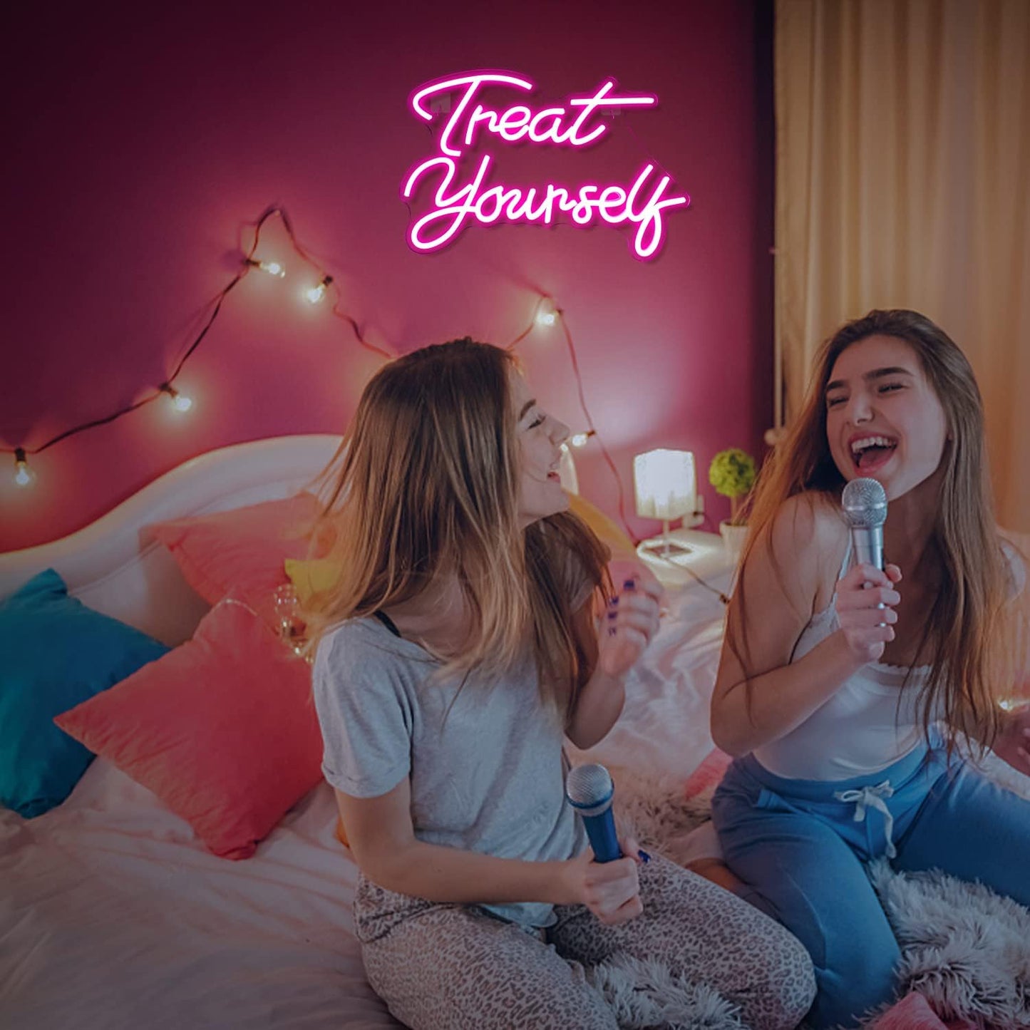 Wanxing Treat Yourself Neon Signs Pink Led Sign for Bedroom Wall Letter Neon Lights Wedding Signs Neon Room Decor for Birthday Gift Party Home Decor Bar