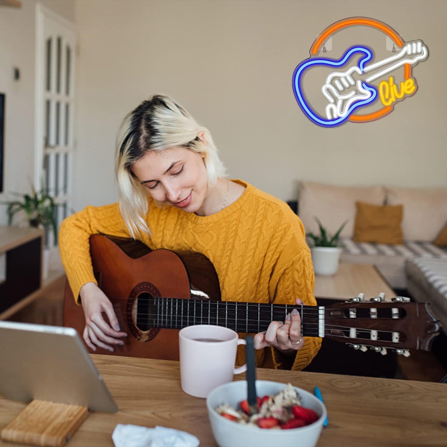 Wanxing Live Music Neon Signs Guitar Shape LED Signs Game Art LED Neon Signs for Wall Decor Studio Neon Light Signs USB Powered Switch Lights Up Sign for Party Lover Girl Boy(Colorful Guitar Live)