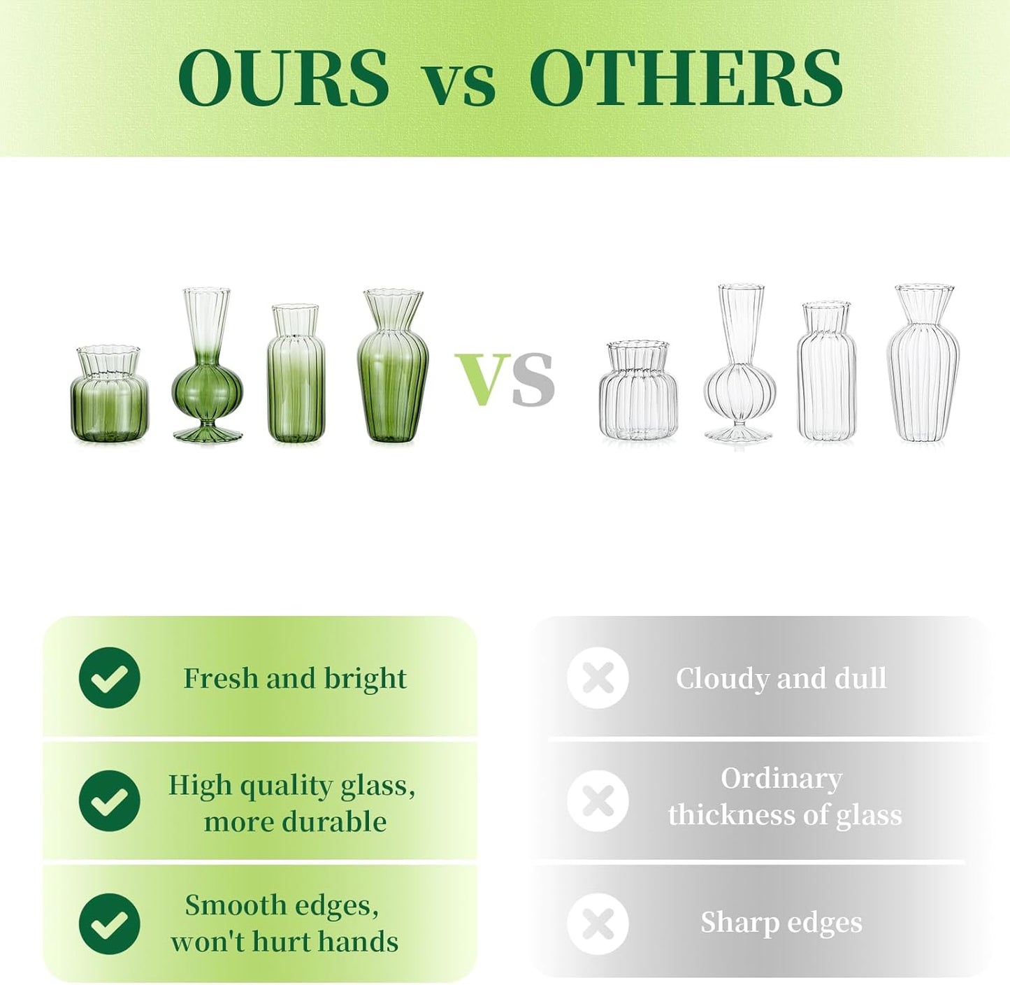 Hewory Small Ribbed Glass Bud Vases Set of 8 Green Flower Vase Centerpieces - Modern Minimalist Cute Mini Decorative Bulk Vases for Wedding Bridal Shower Birthday Party Events Dining Room Table Decor