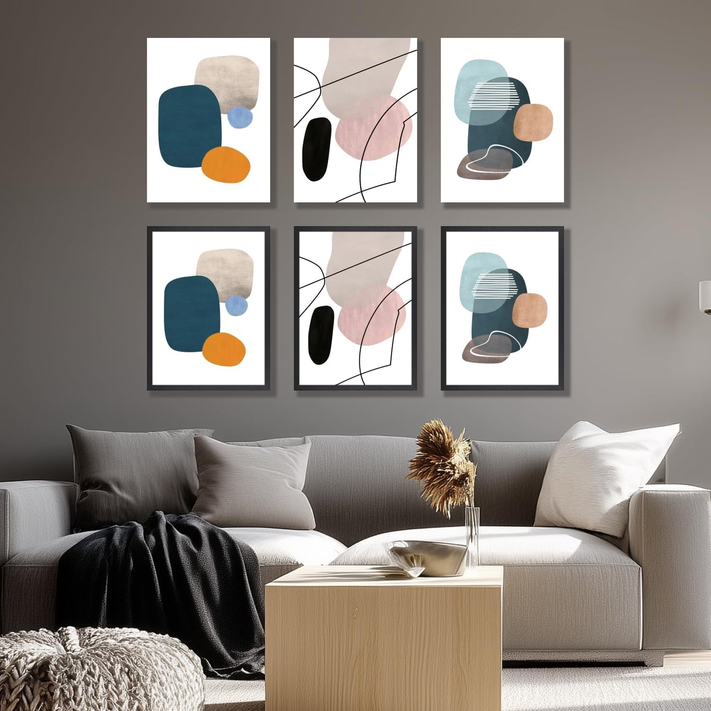 IAFWZX Framed Abstract Geometric Wall Art, Orange Blue Beige Color Block Wall Decor, Modern Minimalist Canvas Painting, Neutral Boho Colorful Geometric Aesthetic Picture for Living Room 12"x16"x3