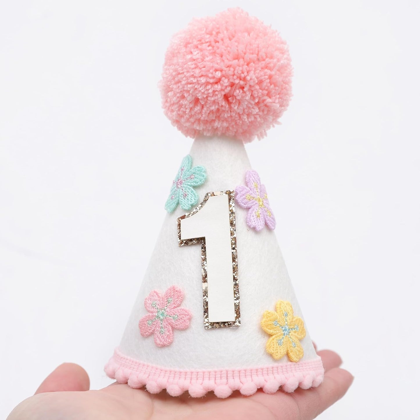 WAUAO Colorful Flower 1st Birthday Cone Hat for Girls - Cute & Adorable Floral Crown, First Birthday Decorations