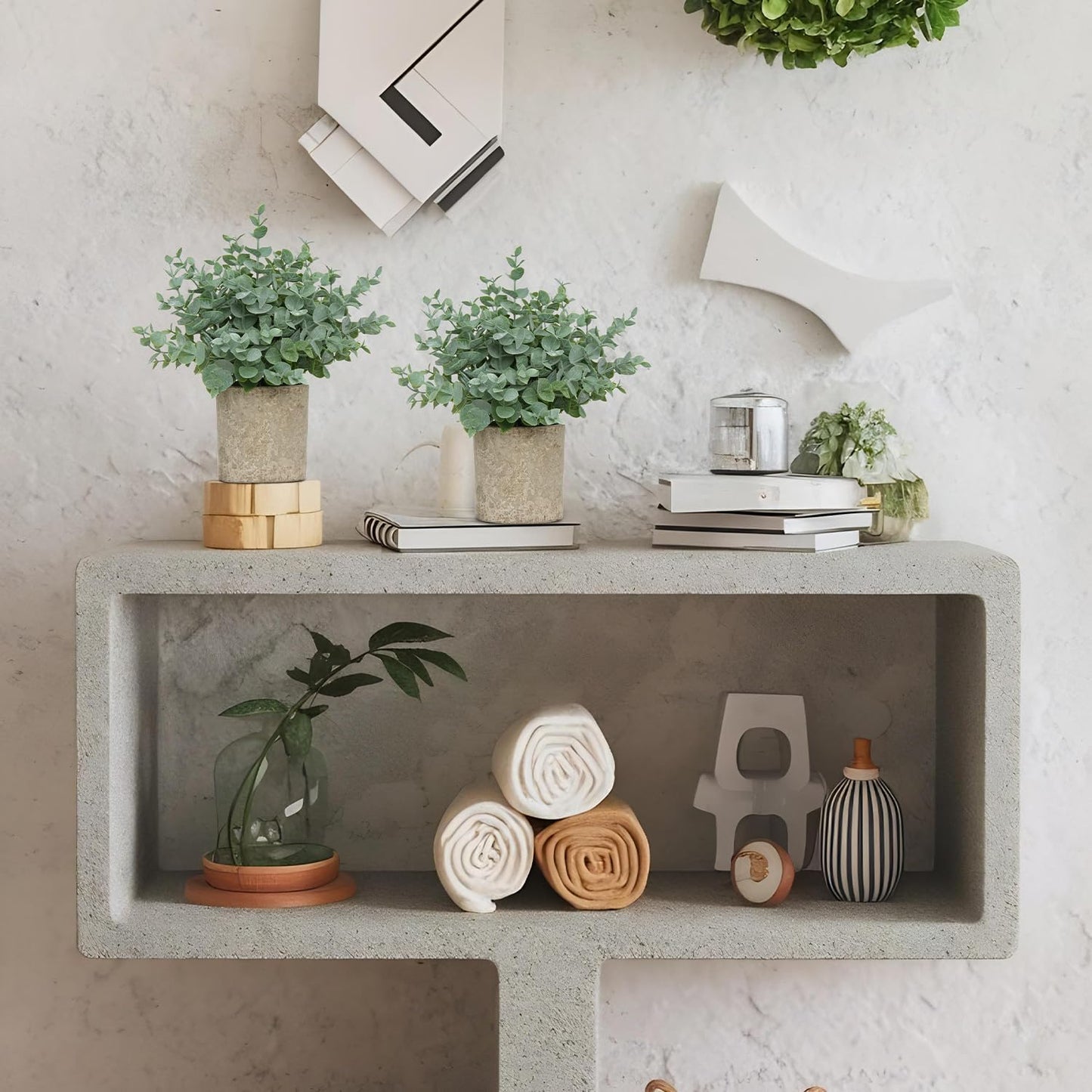 2 Pack Small Fake Plants, Artificial Eucalyptus with Gray Paper Pulp Pots, Small Potted Faux Greenery for Home Decor Indoor, Bathroom, Shelf, Office, Desk, Farmhouse Room Decoration