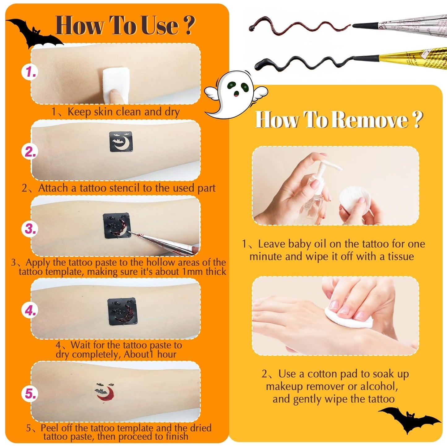 Halloween Temporary Tattoos Stencils Kit,Temporary Tattoos Kit - 4 Pcs 4 Color(Maroon,Black,Cherry red,Green) Ink with Gloves,DIY Body Art Painting for Women Men Adults Kids