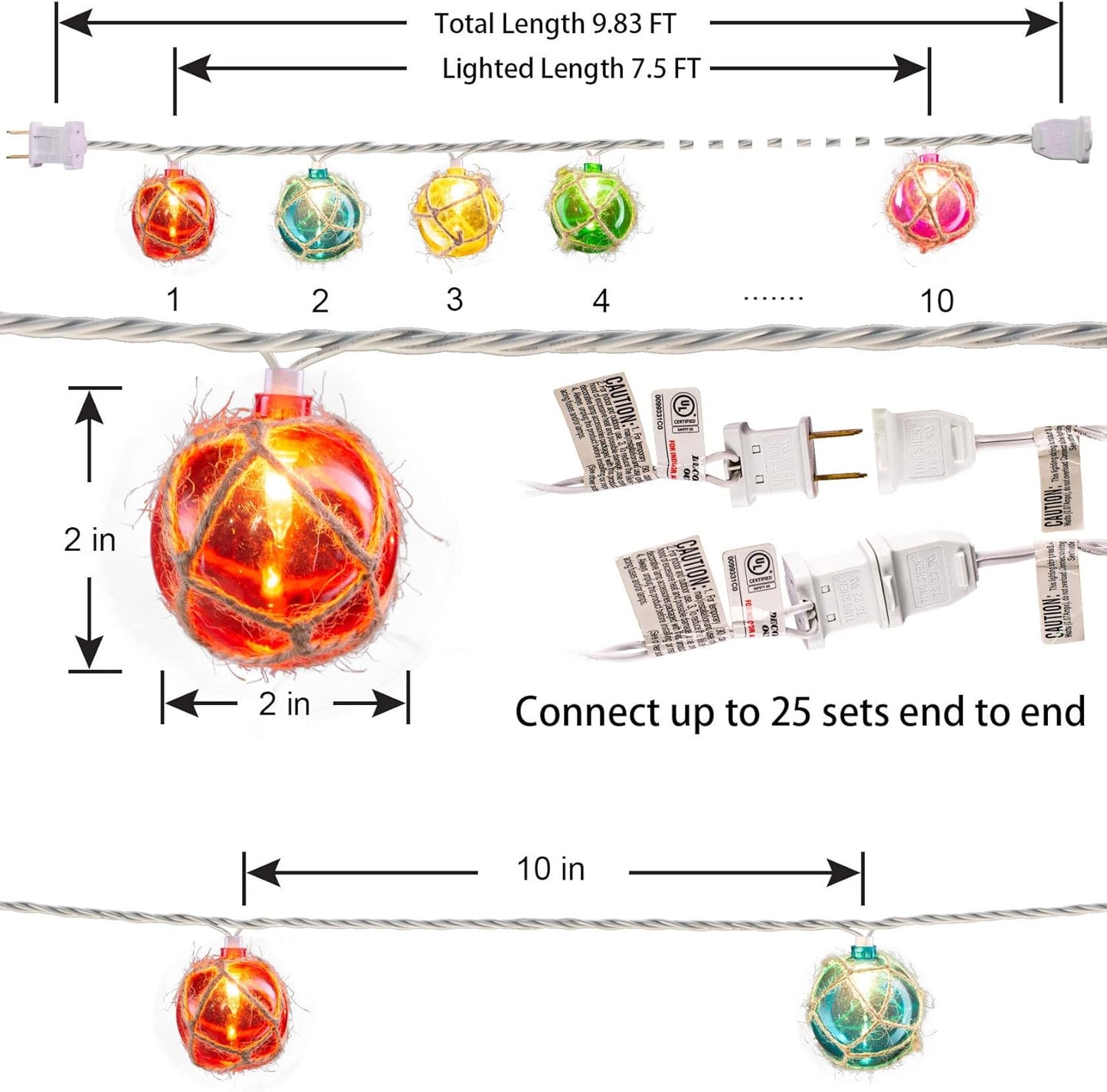 Nautical Fishing Float String Lights, Beach Themed Buoy Lights Set of 10 Multicolor String Lights for Indoor Home Decor and Outdoor Patio Decorations