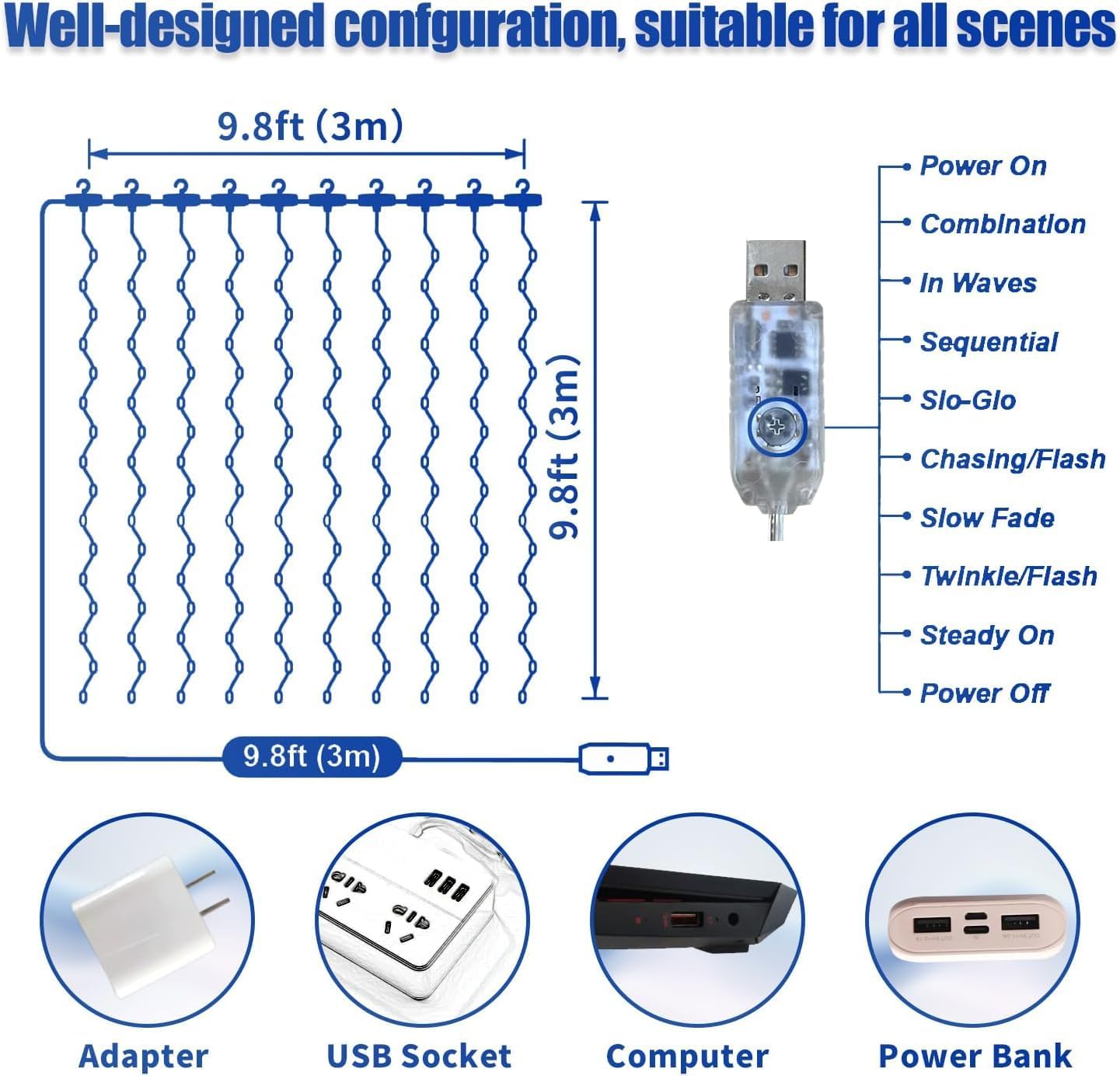 300LED Fairy Curtain Lights, 9.8x9.8Ft Warm White USB Plug in 8 Modes & Timer Christmas String Hanging Lights with Remote for Bedroom Indoor Outdoor Weddings Party Wall Decorations(White)