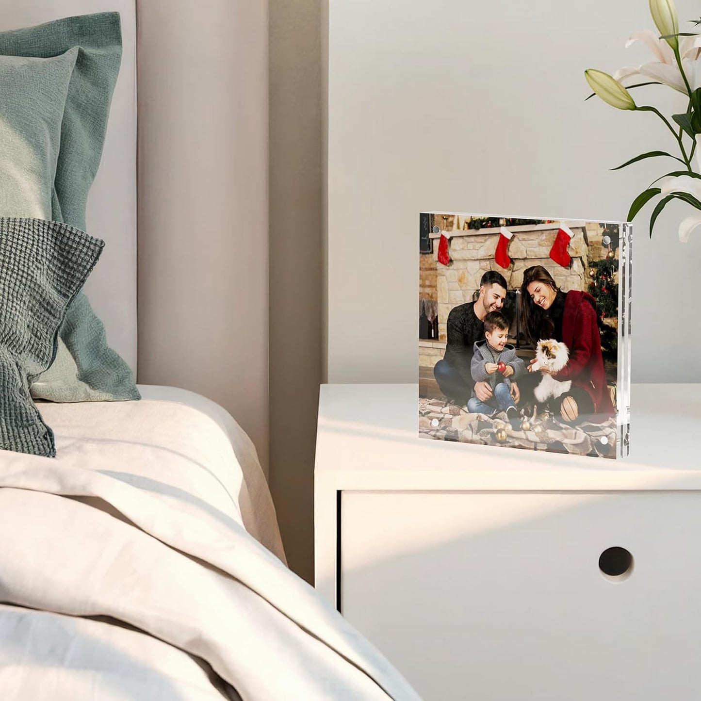 5x5 Acrylic Picture Frame 3 Pack, Clear Freestanding Double Sided Frameless Magnetic Photo Frames, Desktop Display Decor Gift