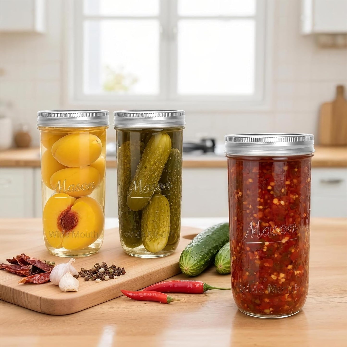 CycleMore 6 Pack Wide Mouth Mason Jars with Airtight Lids and Bands, 24 Oz Canning Glass Jars, Glass Canister for Canning, Fermenting, Pickling, Meal Prep, Overnight Oats, Jam, Jelly