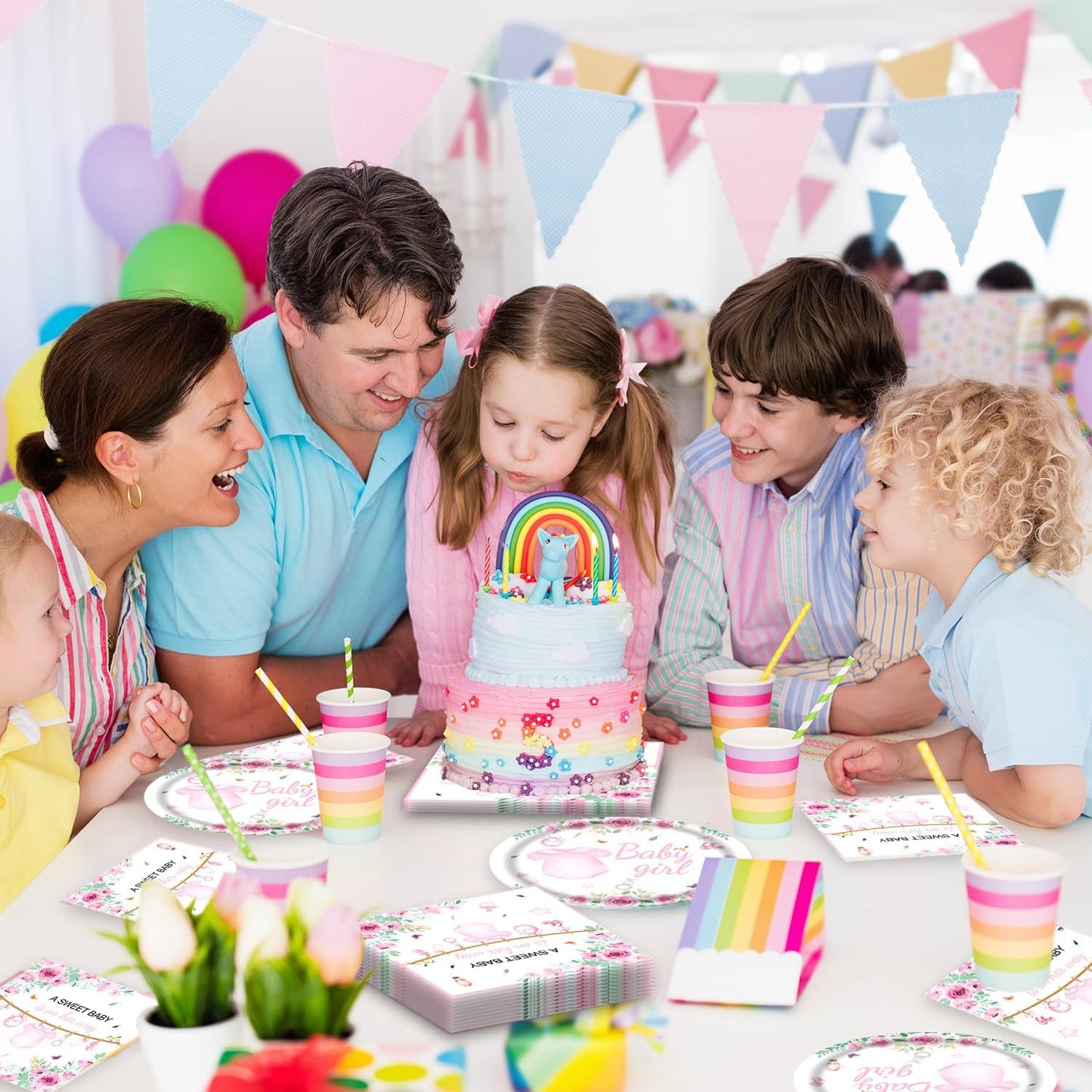 40pcs Pink Floral Baby Shower Decorations Girl Gender Reveal Supplies,Spring Rose Pink Baby Shower Plates and Napkins,Suitable for 20 Guests