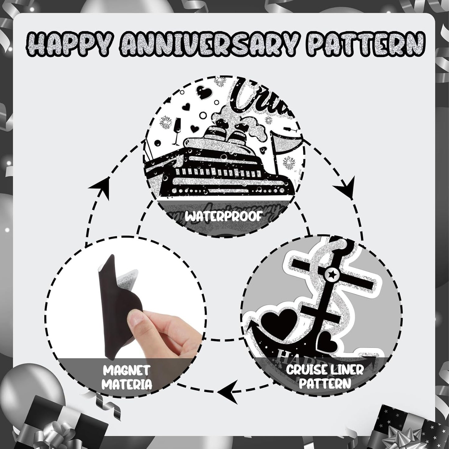 Happy Anniversary Cruise Door Magnets Decorations,Black Silver Happy Anniversary Cruise Ship Door Decor Magnetic for Married Men Women Wedding Party Refrigerator Fridge Car Kitchen Garage Personalized