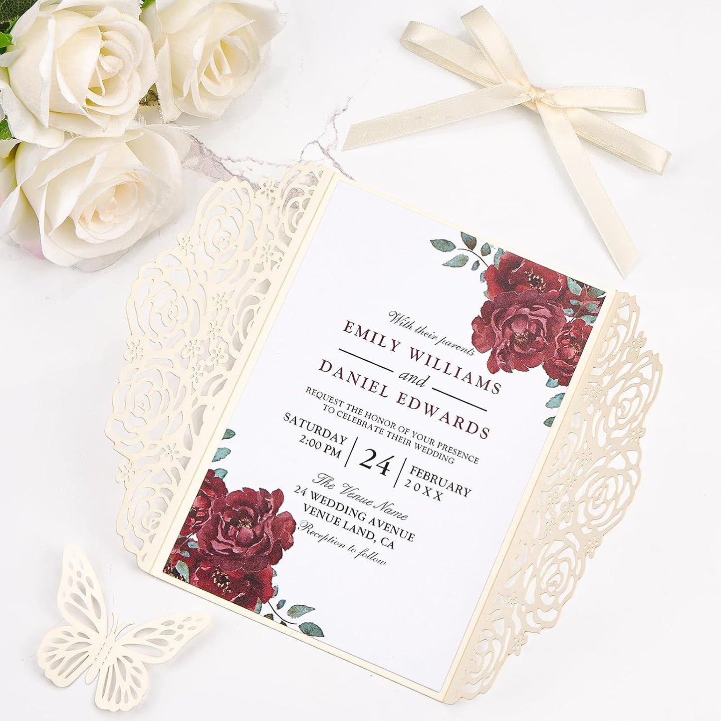 Wedding Invitations Ivory 50 Pack - Butterfly Laser Cut Invitation Sleeves with Blank 250GSM Pearlescent Paper Insert Make Your Own Party Invitations Wedding Quinceanera Bride Shower