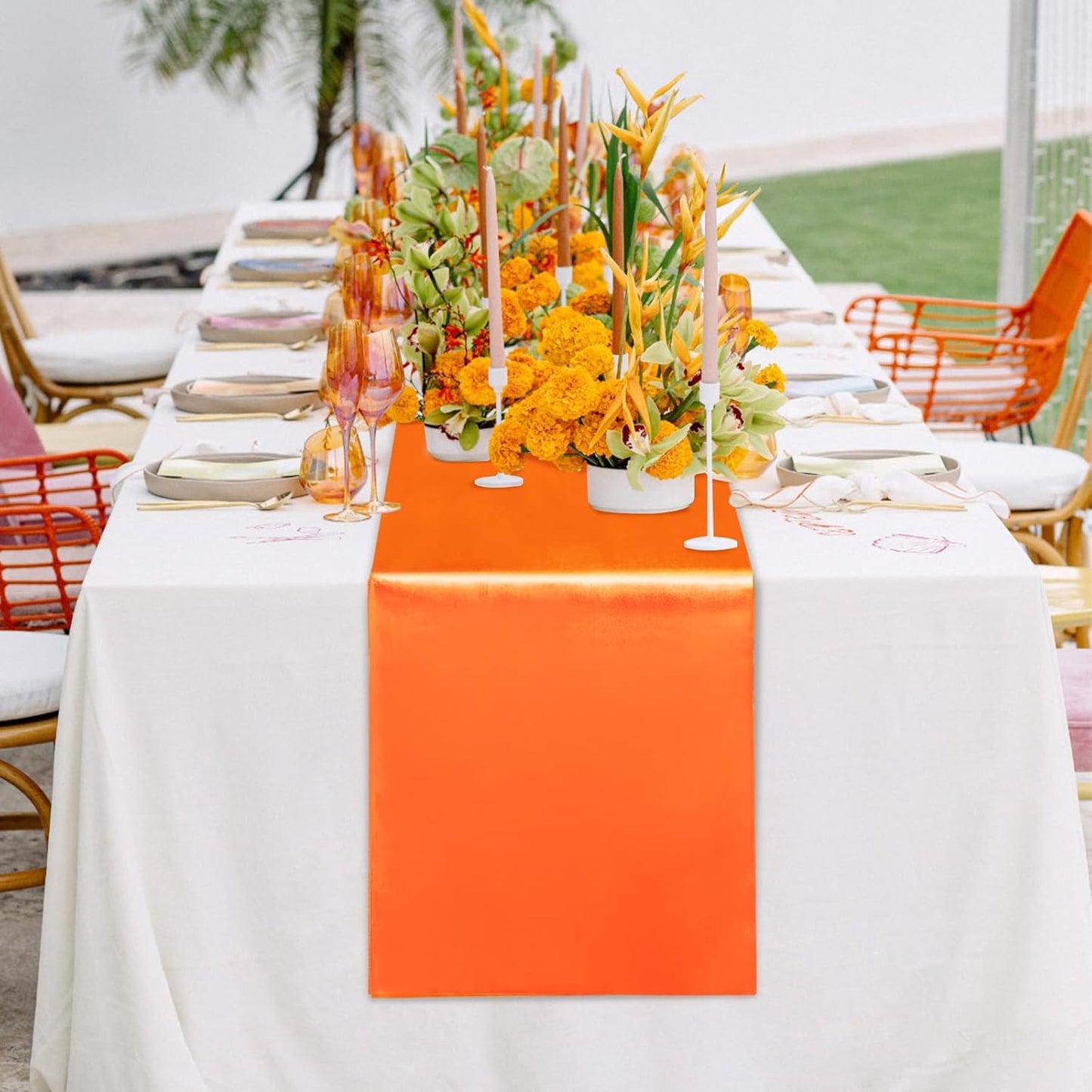 10 Pack Satin Table Runner 12 x 108 Inch Long Orange Silk Table Runner for Wedding Party Banquet Birthday Decoration
