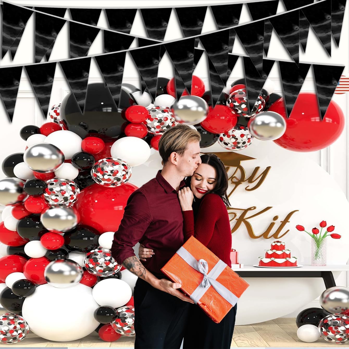 20M/65FT Black Triangle Pennant Banner Flag Metallic Fabric Bunting Garland for Christmas Graduation Birthday Wedding Engagement Bachelorette Holiday Halloween Celebration Hen Party Supplies