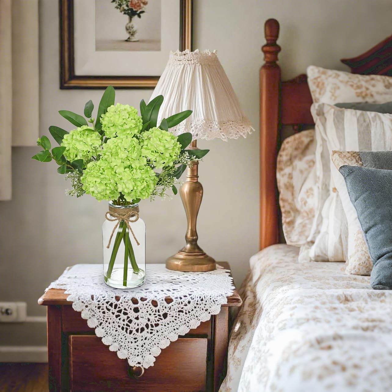 Hollyone Green Hydrangea Artificial Flowers in Clear Glass Vase with Faux Water Silk Hydrangeas Fake Flowers Floral Arrangement for Home Bathroom Kitchen Office Table Centerpiece Shelf Decorations