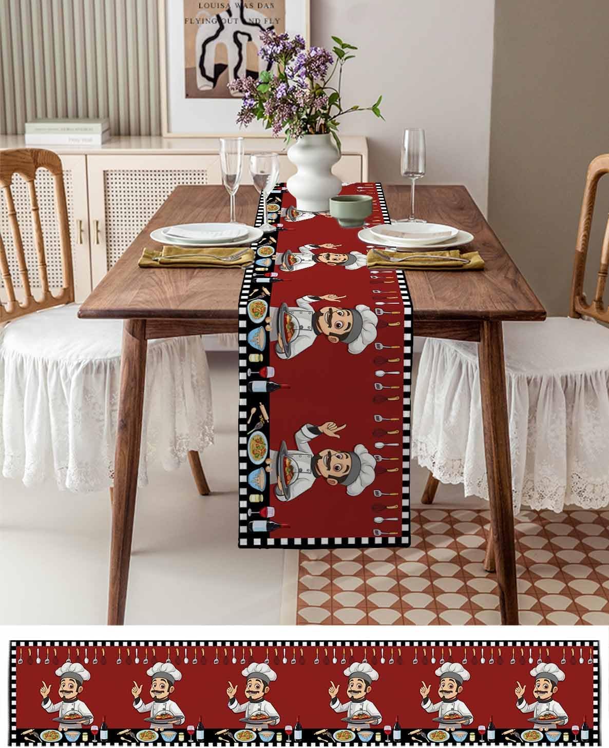 Red Chef Gourmet Cotton Linen Table Runner for Dining Kitchen, Wedding Outdoor Party Tablerunners Decoration, Black White Check Plaid Funny Kitchen Dresser Scarf Coffee Tablecloth Runners 13x48 Inches