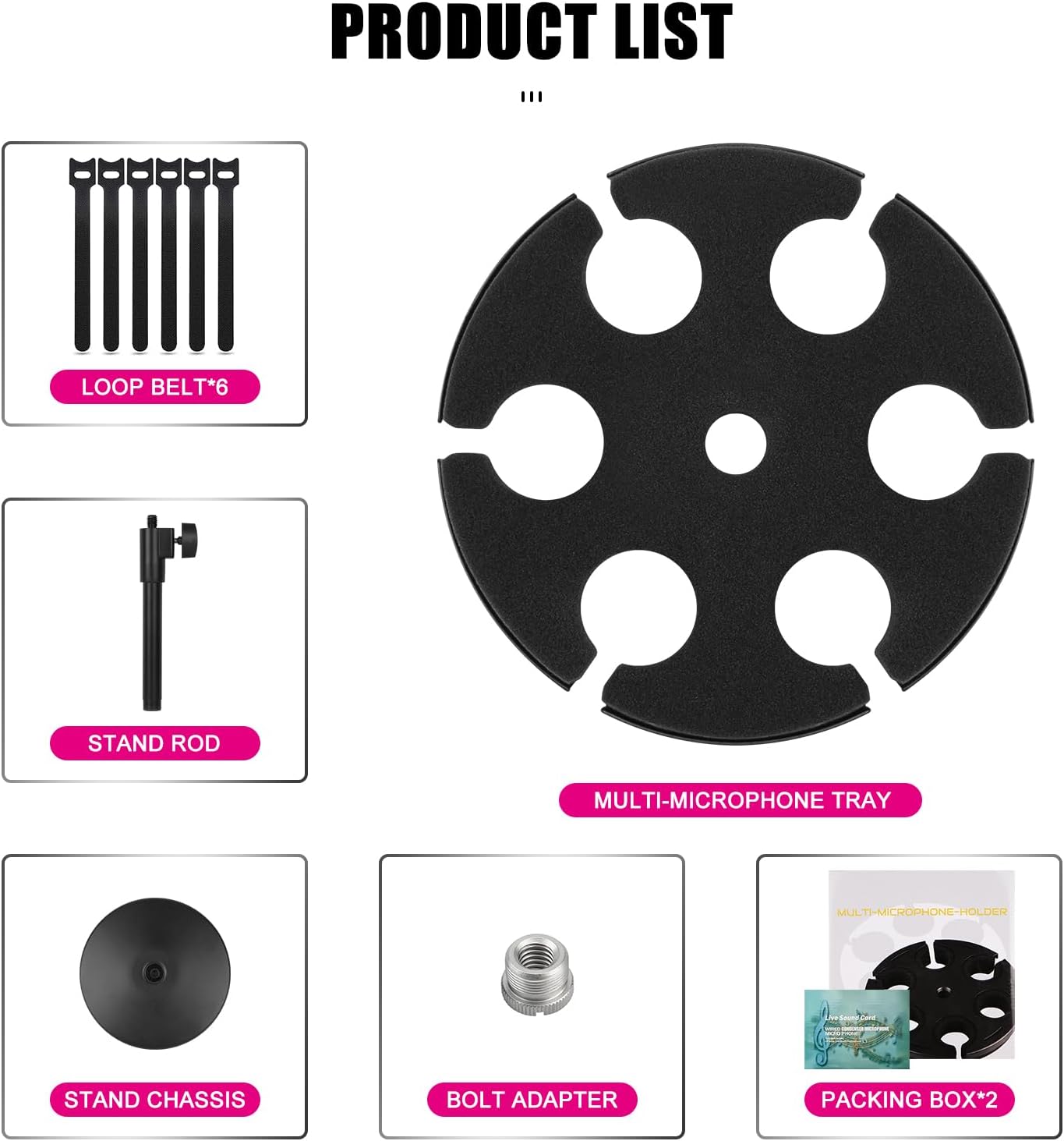 Multi Microphone Holder, Wired and Wireless Mic Holder for Stand, Hold Up to 6 Microphones, Aluminum, Black with stand (Desk)