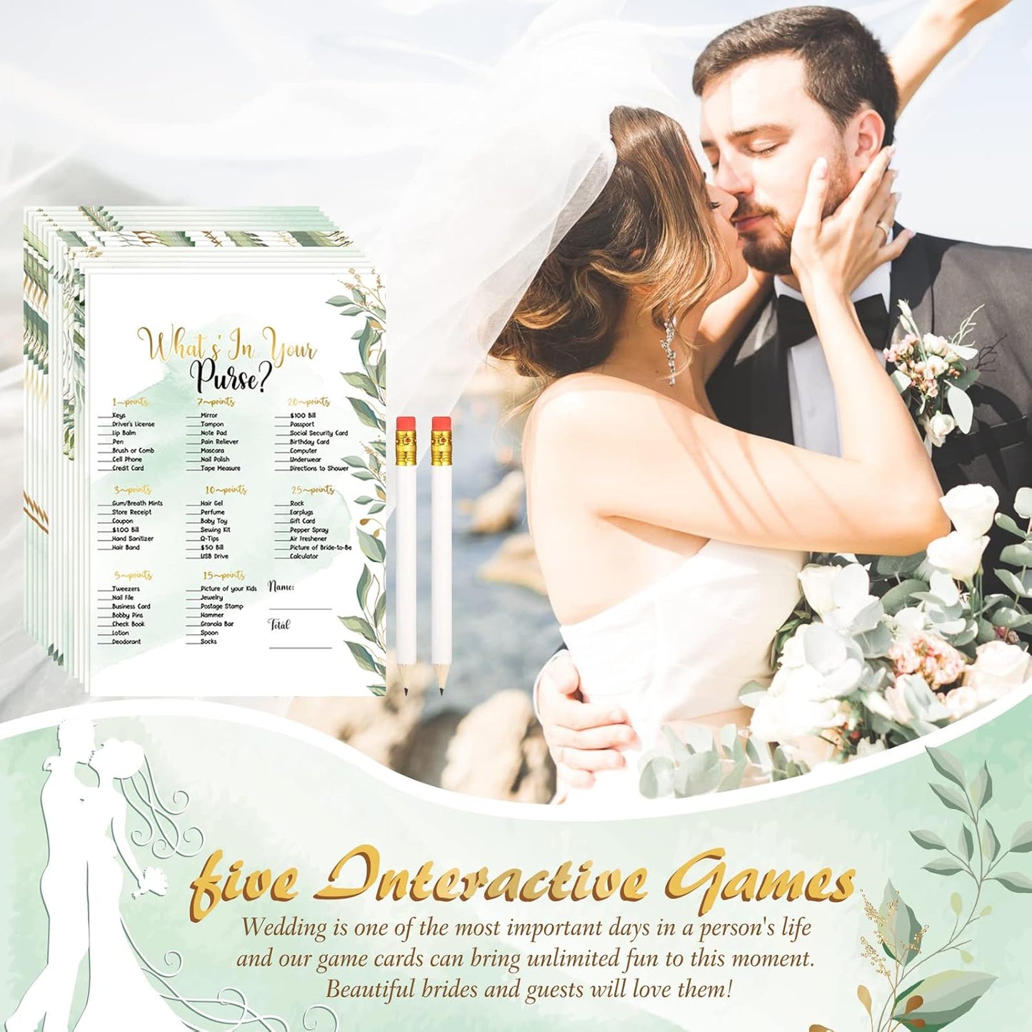 Teling 145 Pieces Bridal Shower Game Bridal Shower Favors Set Wedding Games Cards and Pencils for Bride Groom Bachelorette Party Wedding Party Favor(Eucalyptus Style)