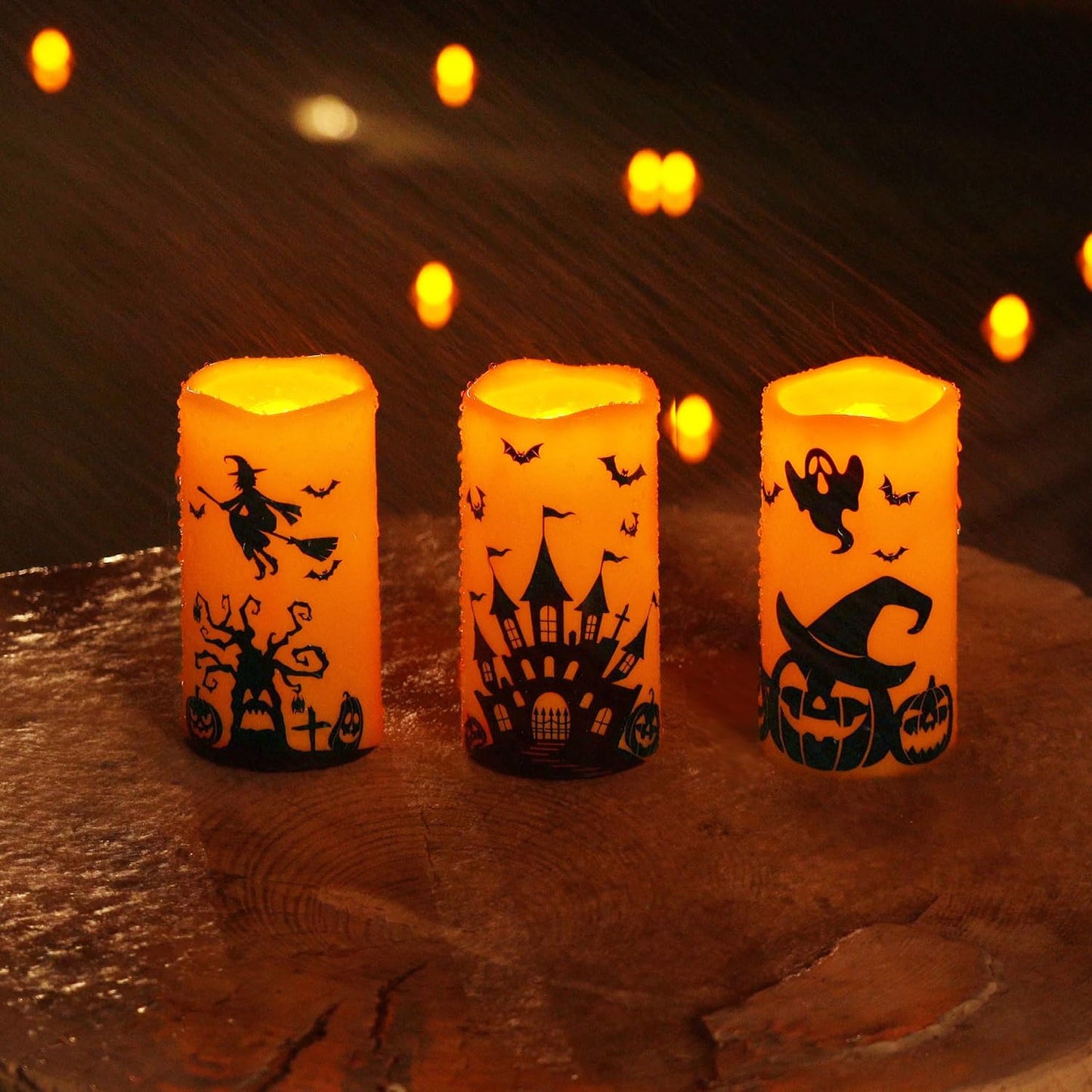 Homemory Halloween Candles, Orange Flameless Candles, Battery Operated Decals Plastic LED Pillar Candles with Remote Timers for Outdoor Day of The Dead, Halloween Spooky Decor, Waterproof, Set of 3