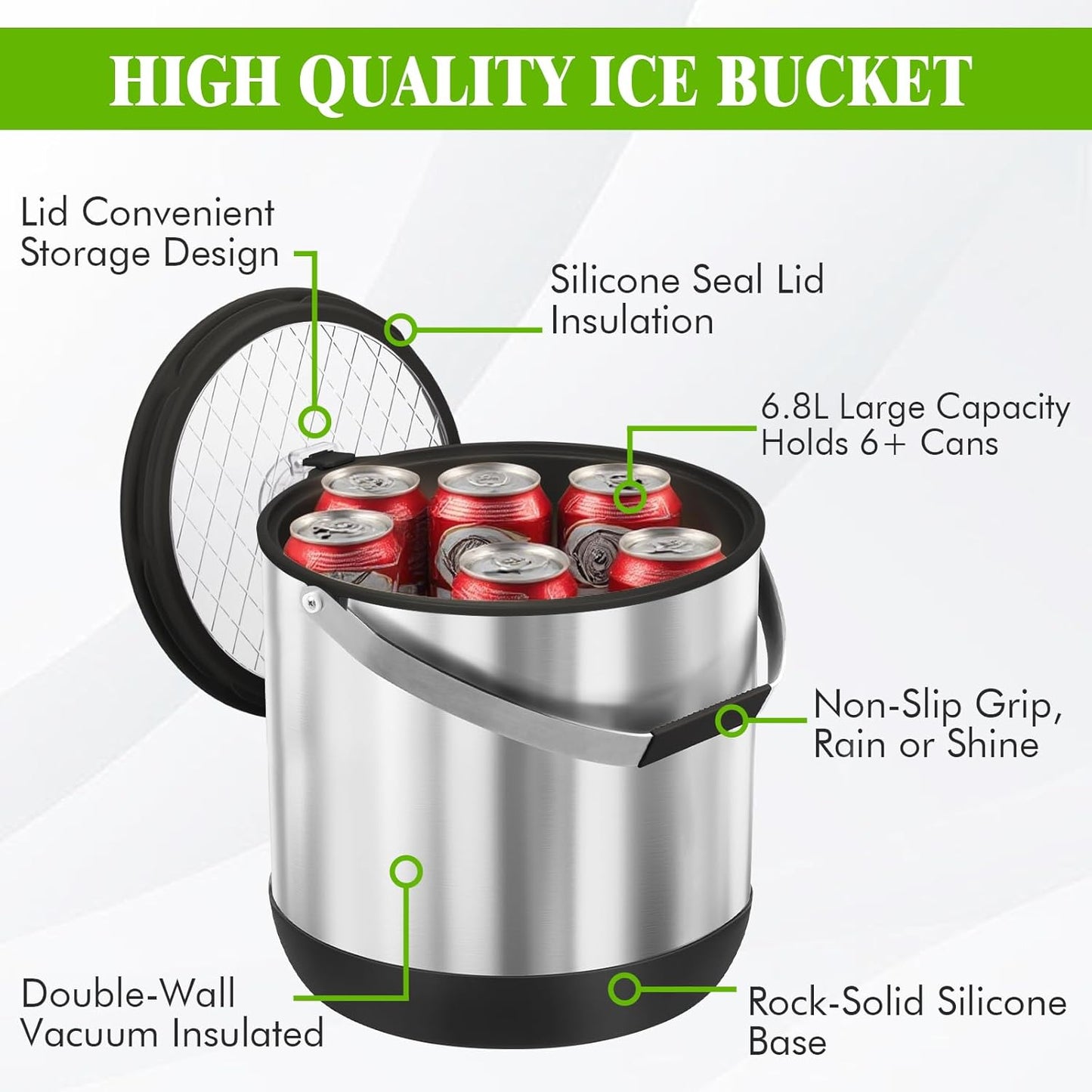 7QT/6.8LDouble-Wall Insulated Ice Bucket with Scoop & Lid, Large Capacity Stainless Steel Beverage Bucket for Party Cocktail Bar, Champagnes (Black)