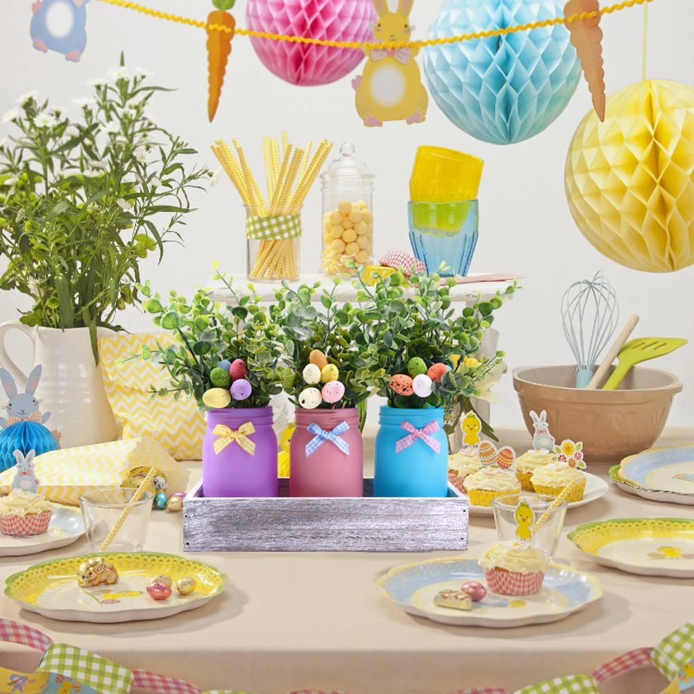 DIYDEC 3PCS Easter Mason Jars 3 * 5Inch Easter Painted Tiered Tray Decorative Jars with Wood Tray &Artificial Flowers Farmhouse Bottles for Holiday Spring Home Table Centerpiece Decor Gifts
