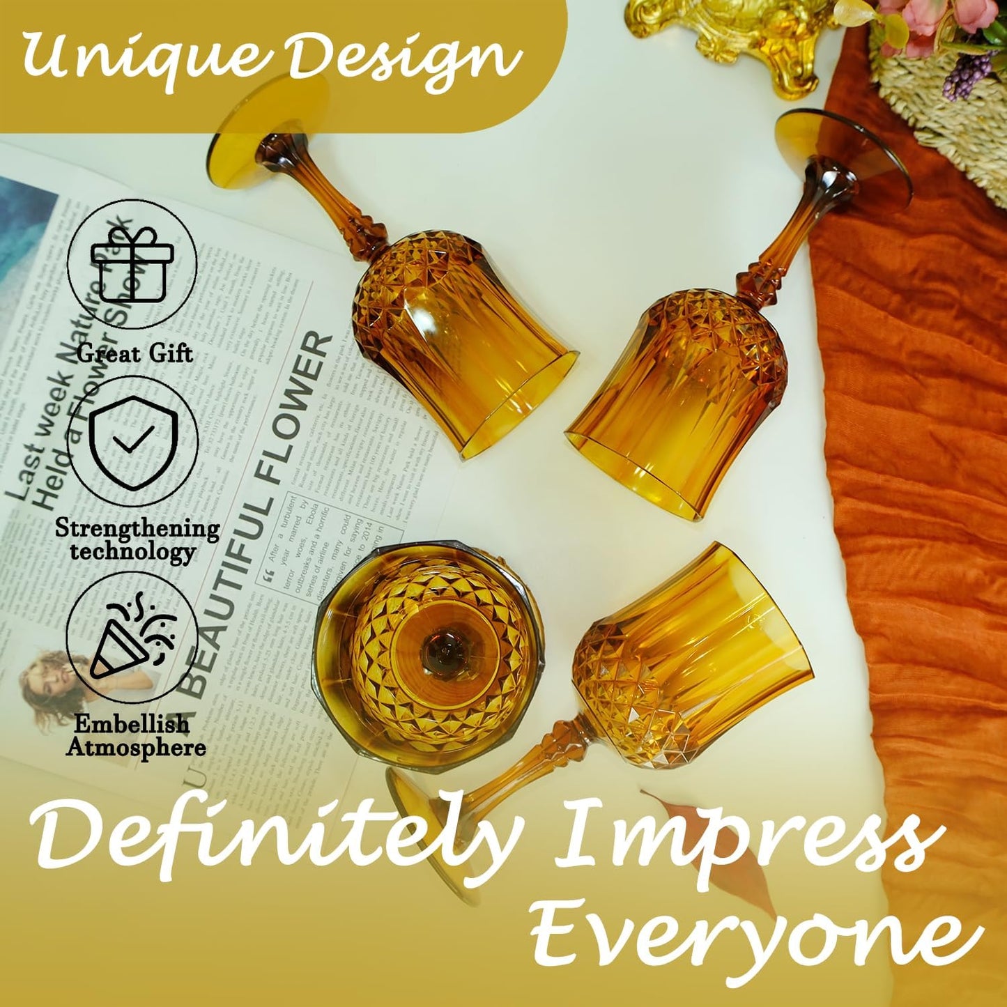 Plastic Wine Glasses,Plastic Goblets Vintage Style Cordial Drinking Glasses for Wedding Reception, Grand Event Party Supplies (24, Amber)