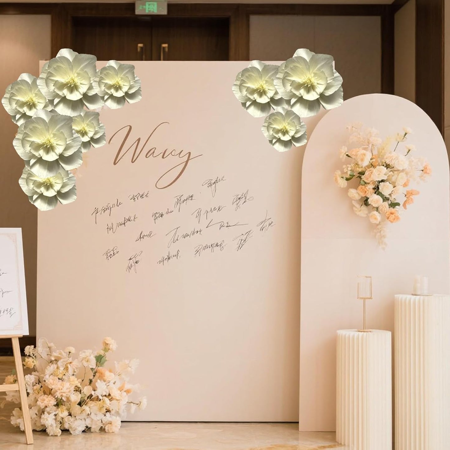 BRT Bearingshui Crepe Paper Flowers Decoration for Wall Total 9 Pcs, Artificial Flowers for Wedding Decor,Flower Backdrop Decor, Baby Bridal Shower Birthday Party, Cream 3D Wall Flowers Decor