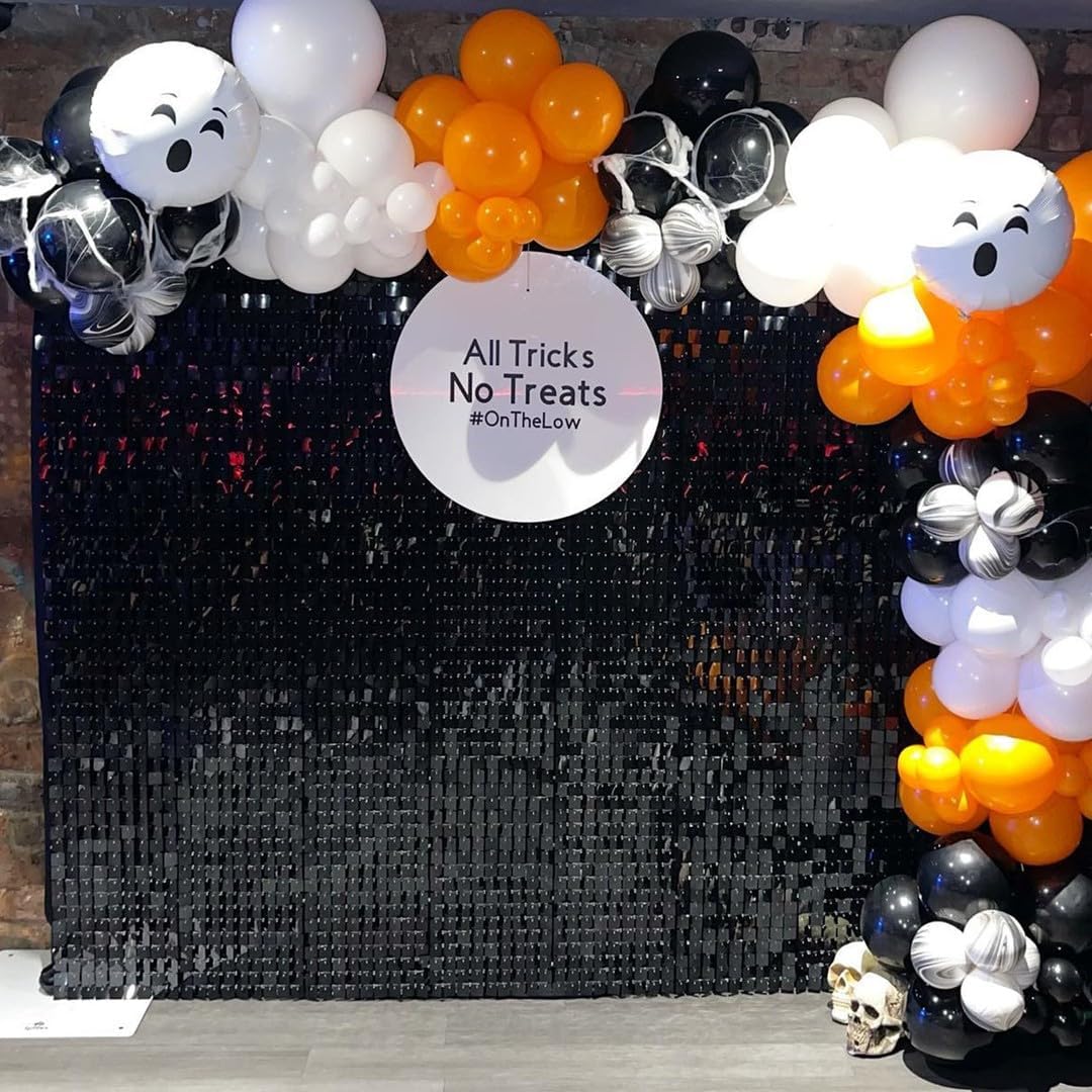 Qcity Black Shimmer Wall Backdrop 48PCS, Black Back Not See-Through Design, Square Sequin Glitter Backdrop Panel, Perfect for Outdoor Events, Birthdays, Wedding and Party Decoration