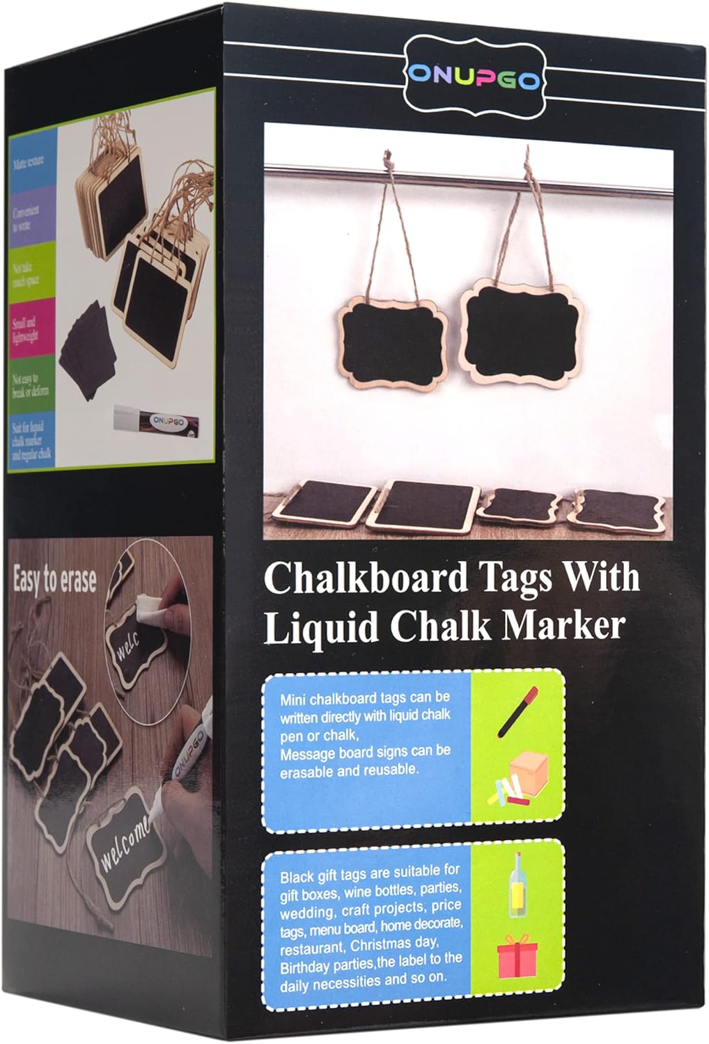 ONUPGO 16 Pack Chalkboard Tags for Baskets with String, Mini Erasable Chalkboards with Hanging String, Wooden Mini Chalkboard Signs, Hanging Chalkboard Labels, Price Tags, Message Tags