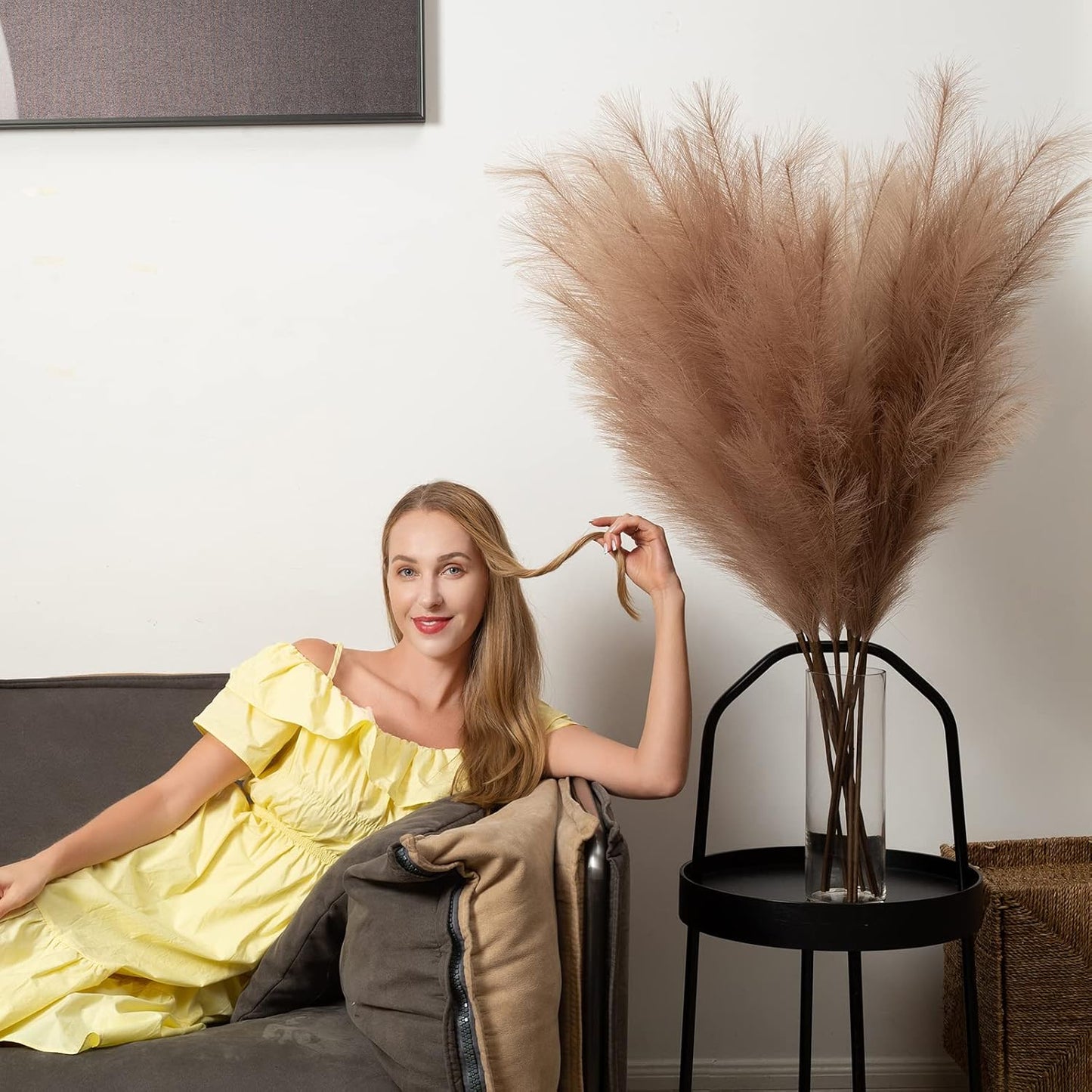 EVODIS Pampas Grass Decor Tall, 43"/110cm Faux Pampas Grass 6 Stems Large Pompass Grass Branches Tall Bulk Boho Flower Arrangement for Home Room Wedding Party Decor (Taupe)