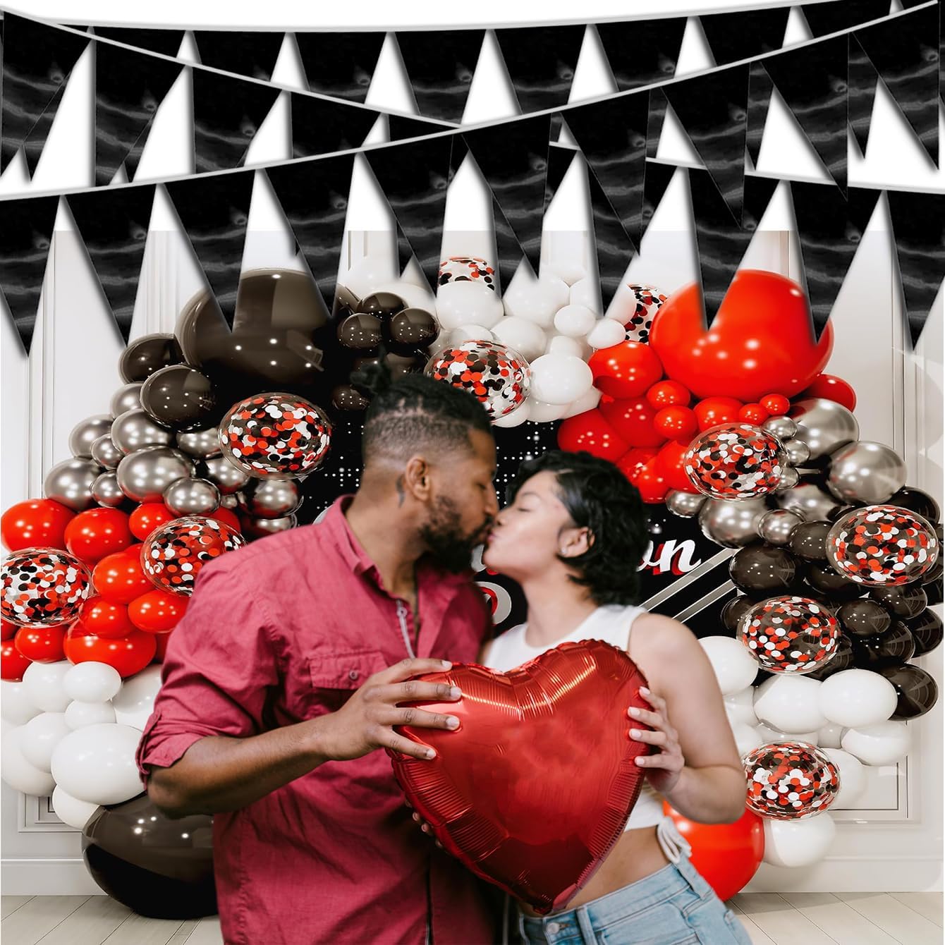 40M/130FT Black Triangle Pennant Banner Flag Metallic Fabric Bunting Garland for Christmas Graduation Birthday Wedding Engagement Bachelorette Holiday Halloween Celebration Hen Party Supplies