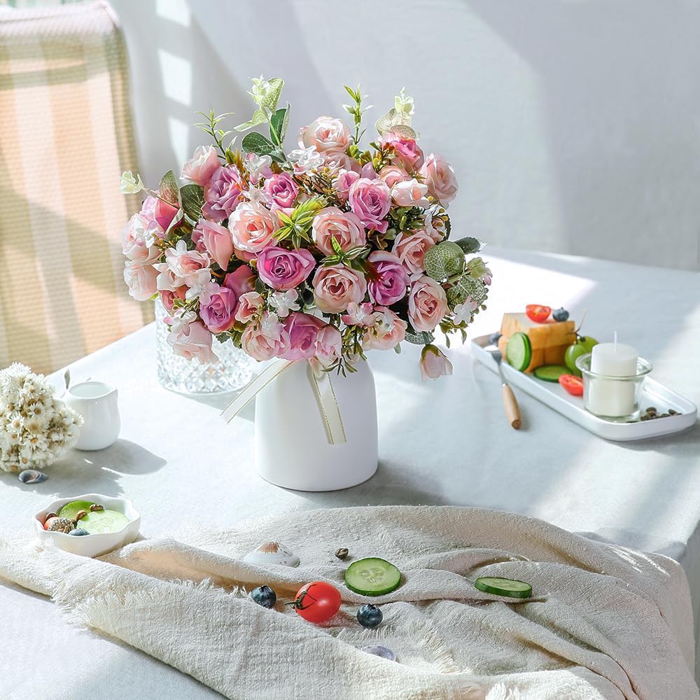 LESING Artificial Silk Rose with Vase Fake Flowers Wedding Flowers Bouquets Arrangement Home Office Party Centerpiece Table Decoration (Pink)
