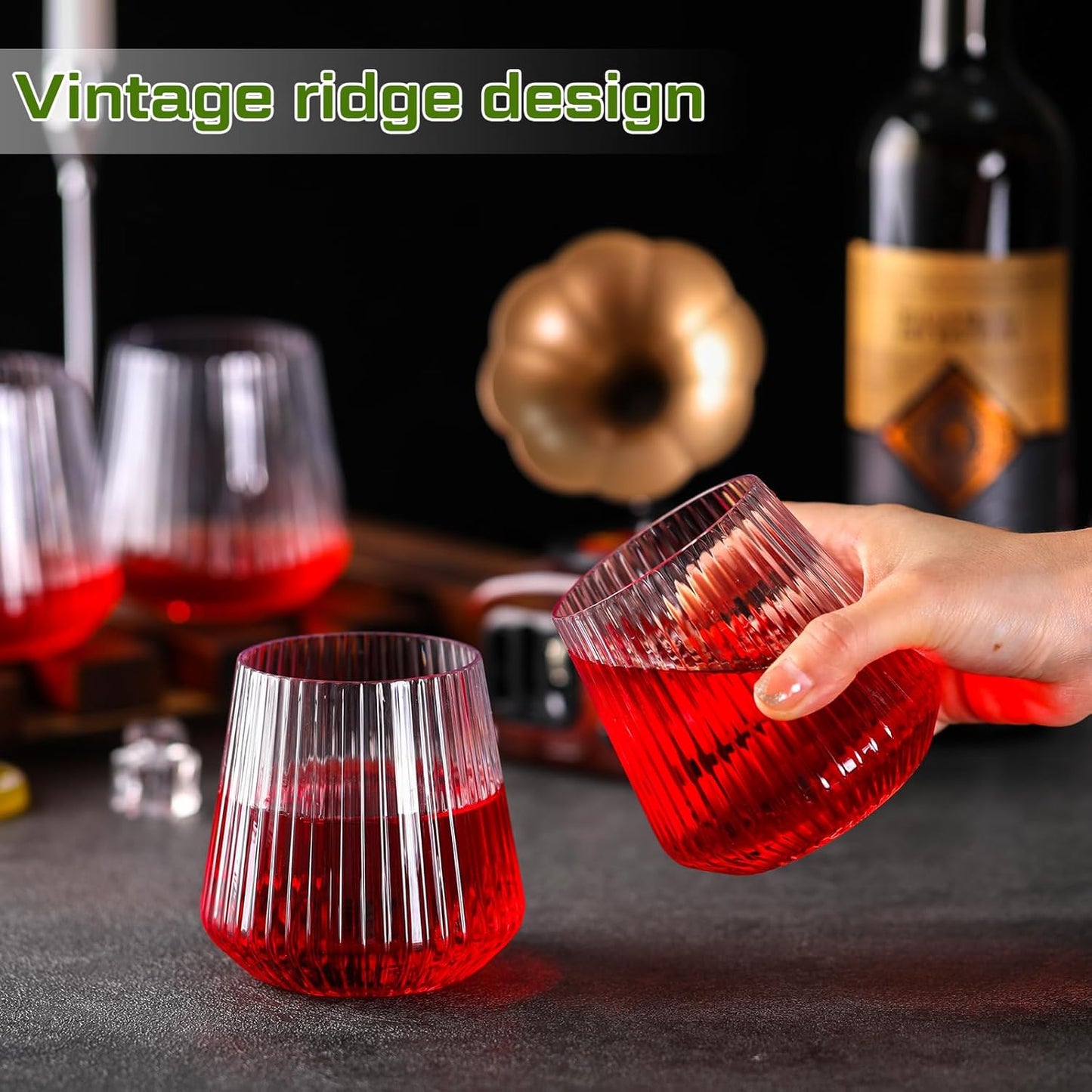 Suclain 100 Pack Plastic Wine Glasses Ribbed Stemless Wine Glasses 14oz Vertical Design Unbreakable Cups for Outdoor Indoor Vintage Elegant Champagne Whiskey Glasses for Christmas Party Wedding