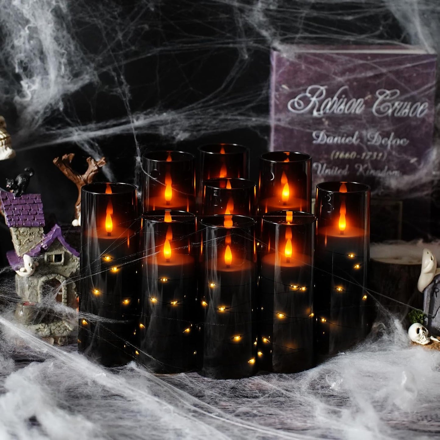 Flameless LED Candles with Timer 9 Pc Flickering Flameless Candles for Romantic Ambiance and Home Decoration Stable Acrylic Shell,with Embedded Star String,Battery Operated Candles(Black)