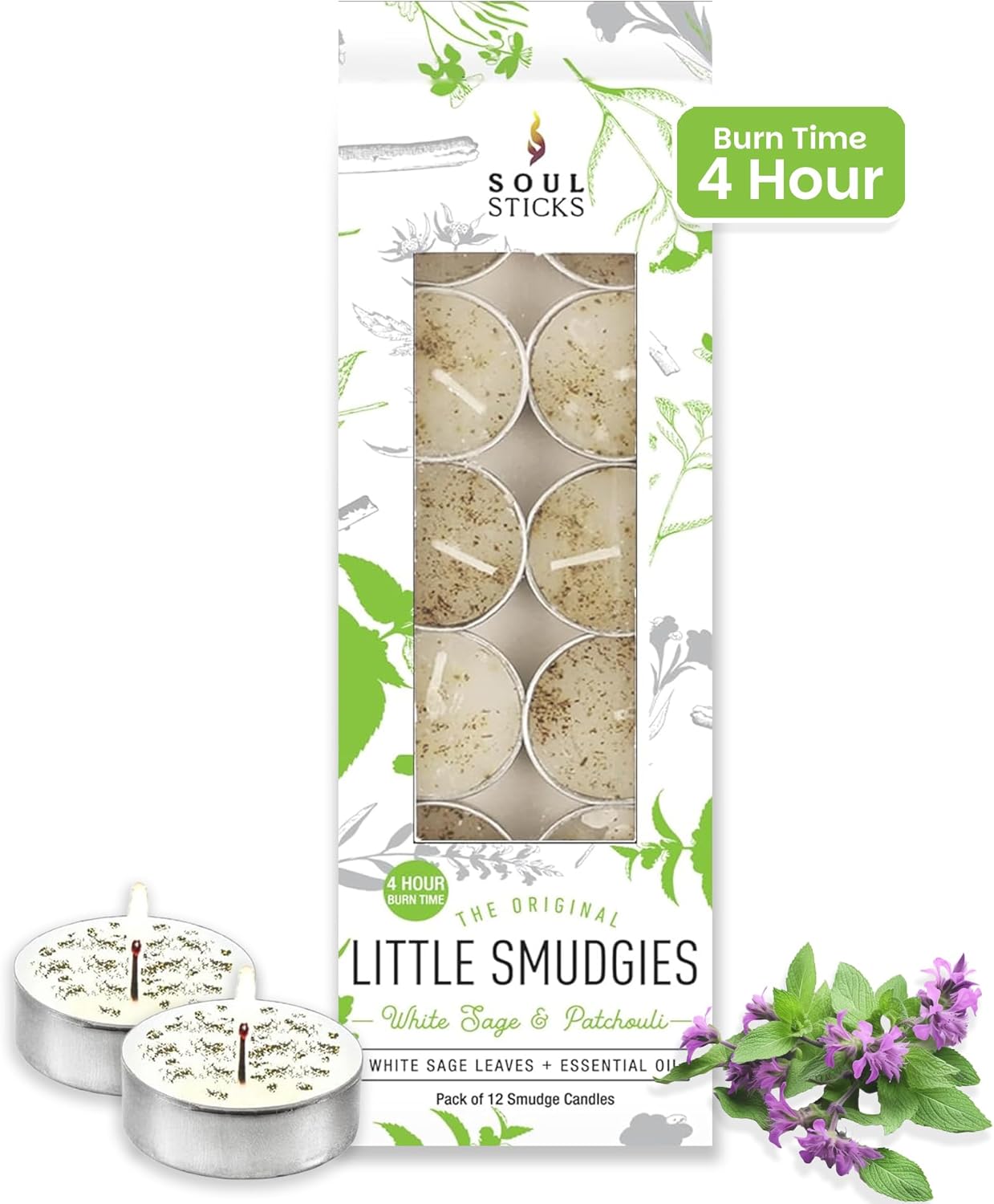 SOUL STICKS 12 Pack Little Smudgies Tealight Candles Smudge Candle for Cleansing House, Meditation, Chakra Healing | Made with Crystals and Herbs (White Sage & Patchouli)