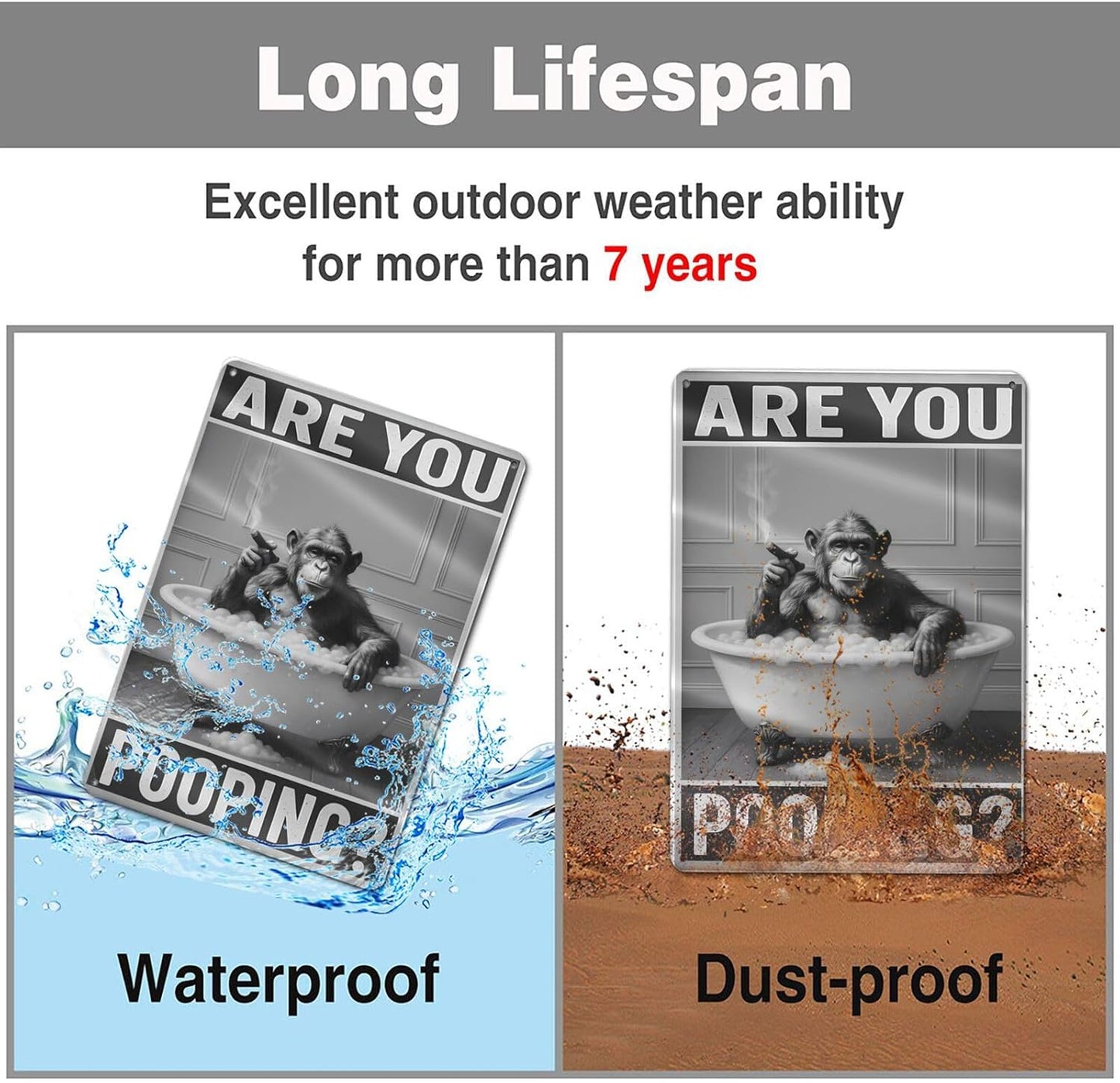 Bathroom Decor Wall Art – Funny Chimpanzee in Bathtub Tin Sign, 8x12 Inch Black and White Vintage Metal Wall Art, Humorous Animal Bathroom Sign for Restroom or Farmhouse (Sign-030)