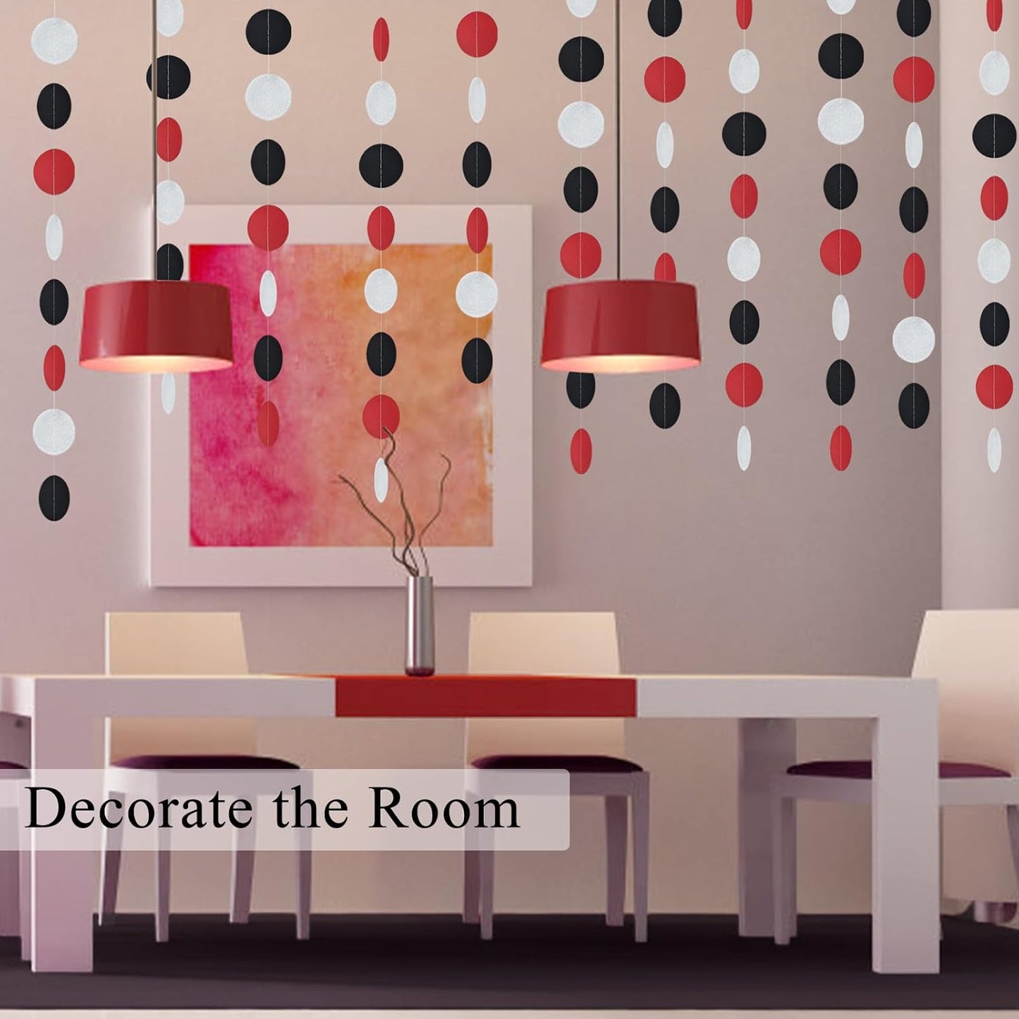 MerryNine Paper Garland 5 Pack, 50ft Glitter Paper Garland Circle Dots Hanging Decor, Banner for Baby Shower, Birthday, Nursery Party Decor (Red Black Silver)