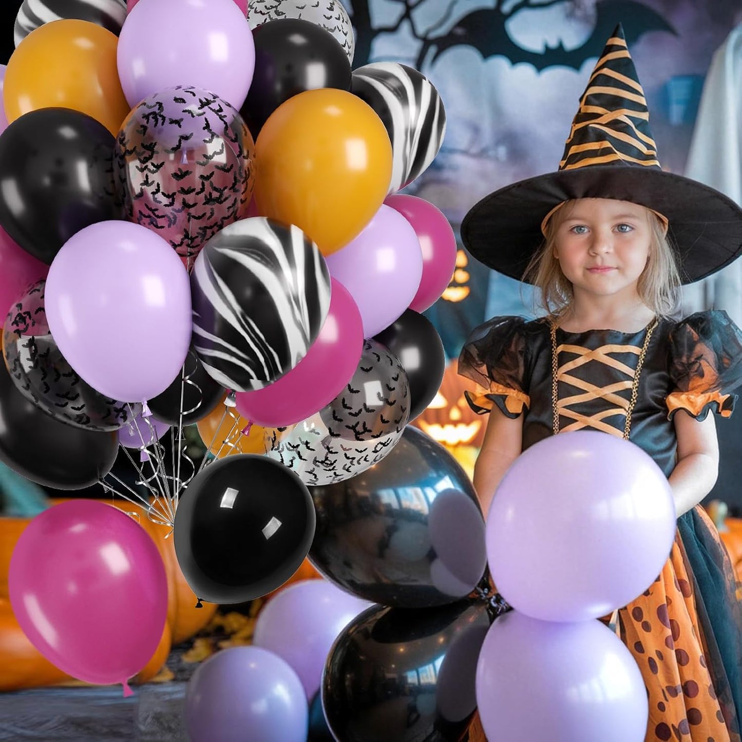 Halloween Balloons, 60pcs Purple Black Balloons, Purple Yellow Black Tie Dye Balloon With Bat Confetti Balloon For Retro Halloween Masquerade Spooky Haunted House Vampire themed Birthday Party Decor