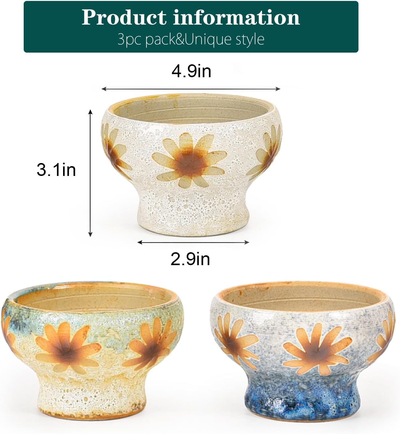 Sungmor Small Succulent Planters Set of 3, Beautiful Hand Crafted Ceramic Plant Pots Cute Cactus Pot, 4.9 Inch Flower Pots for Indoor Plants with Drainage, Desktop Windowsill Home Office Decor Pots