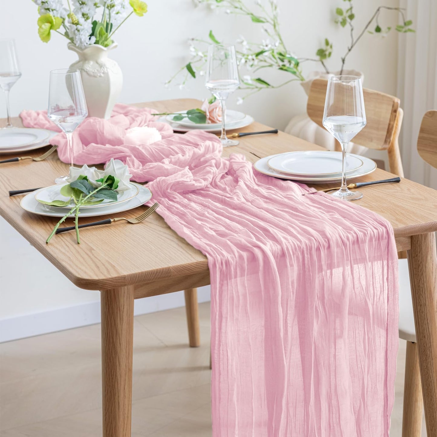 Asee'm 3pcs Cheesecloth Table Runner 120 Inches Blushing Pink Boho Gauze Cheese Cloth Runner 10FT Rustic Sheer Fall Table Runners for Thanksgiving Wedding Baby Shower Holiday Party Decoration