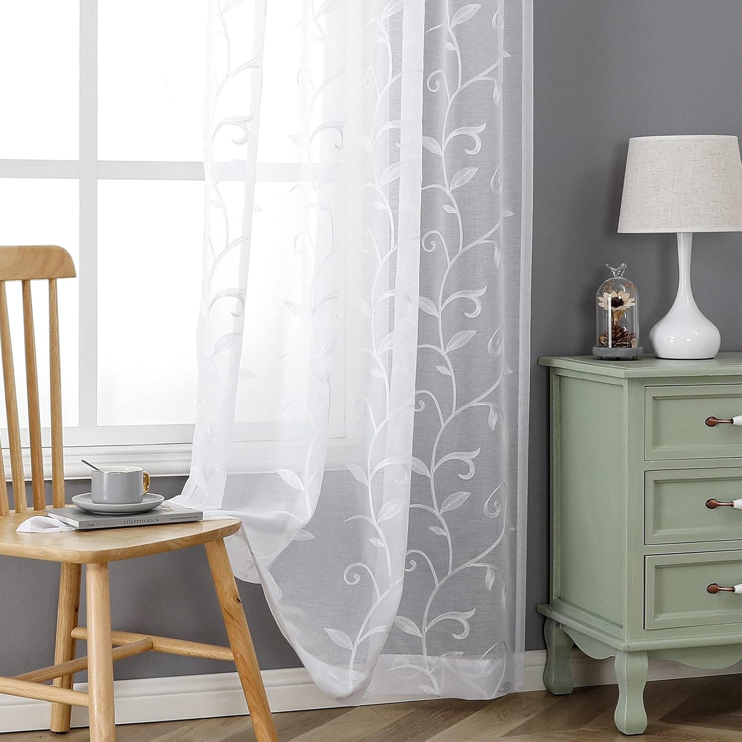 VISIONTEX White Leaves Sheer Voile Curtains, Decorative Embroidery Rod Pocket Window Drapes for Home Living Room and Bedroom 54 x 63 Inch, Set of 2 Curtain Panels