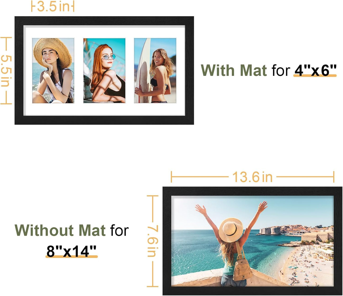 Vittanly 8x14 Picture Frames Collage, Displays 3Pcs 4x6 Pictures with Mat, Collage Picture Frame for Horizontal or Vertical Display, Black, 1 Pack